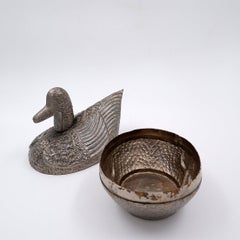 Burmese Antique Duck Betel Nut Box, Silver Metal, Vintage, 1950s