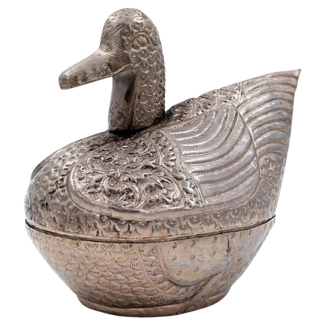 Burmese Antique Duck Betel Nut Box, Silver Metal, Vintage, 1950s