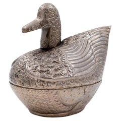 Burmese Antique Duck Betel Nut Box, Silver Metal, Vintage, 1950s