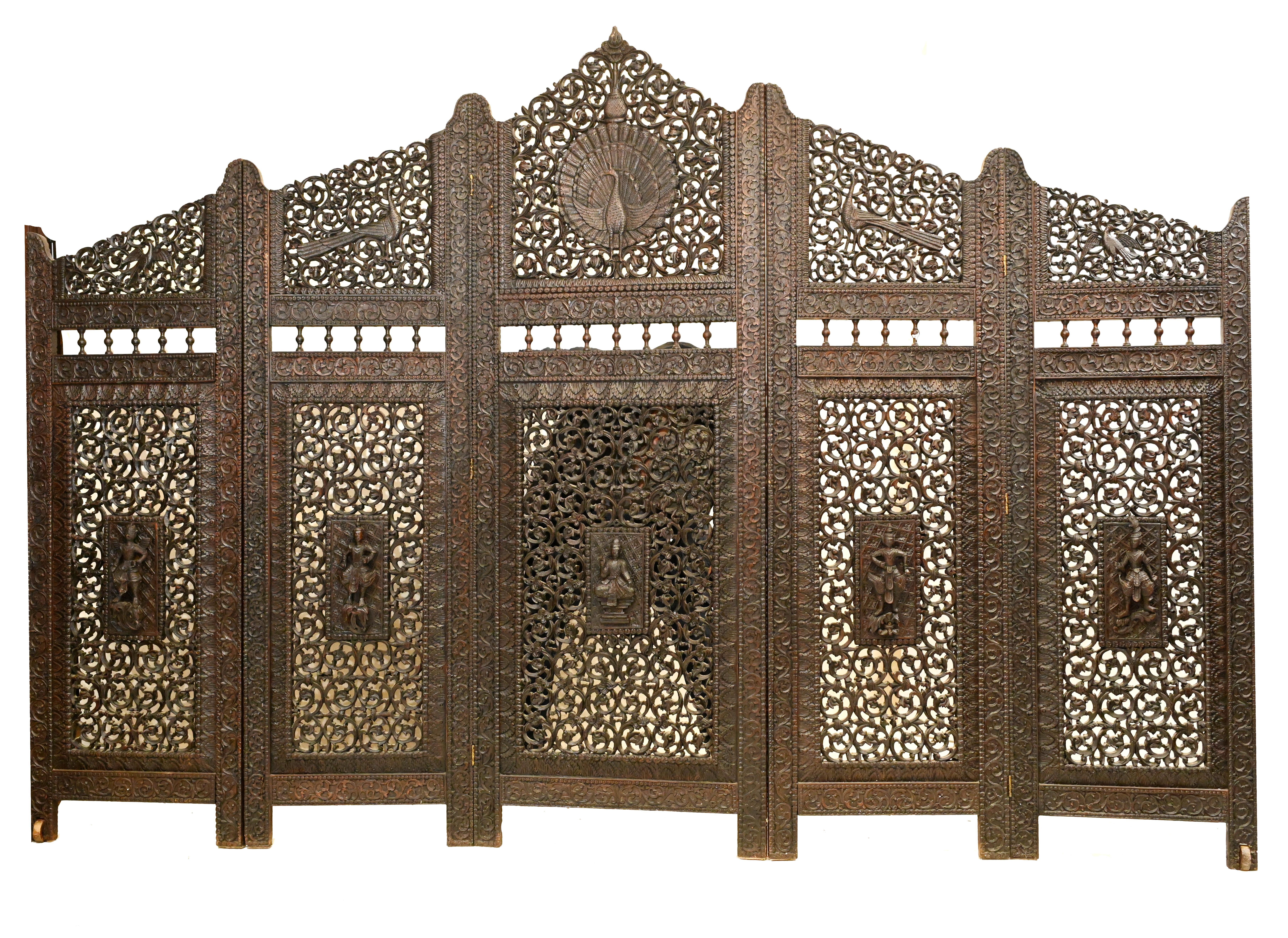 Burmese Antique Screen 5 Panel Carved Room Divider Myanmar 1850 4