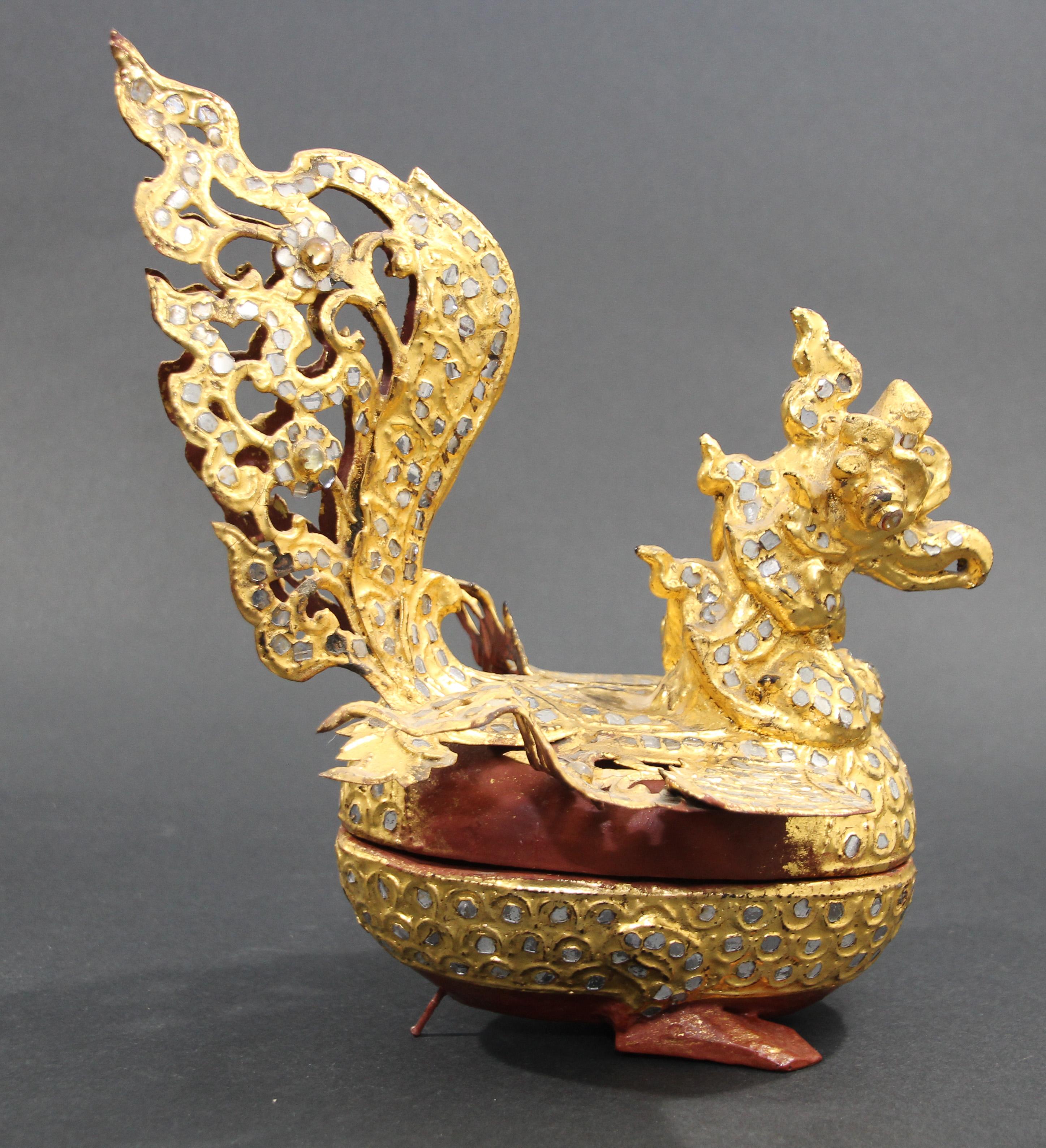Antique late 19th century original offering vessel lacquered ornate gilded betel boxes in the shape of a sacred goose, Hintha bird from Mandalay, Myanmar bird 