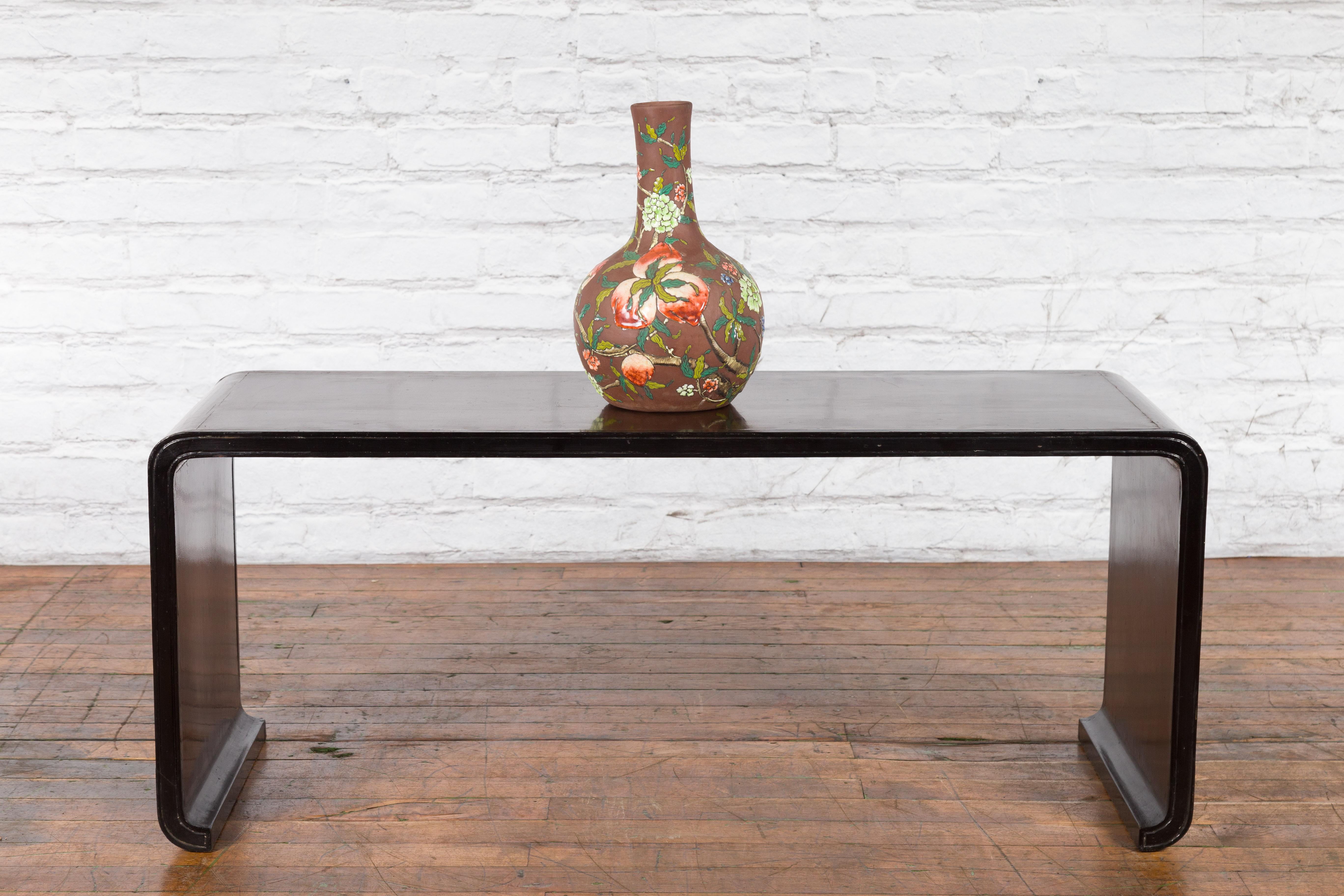 Lacquered Burmese Black Lacquer Chinese Style Waterfall Console Table with Brown Top For Sale