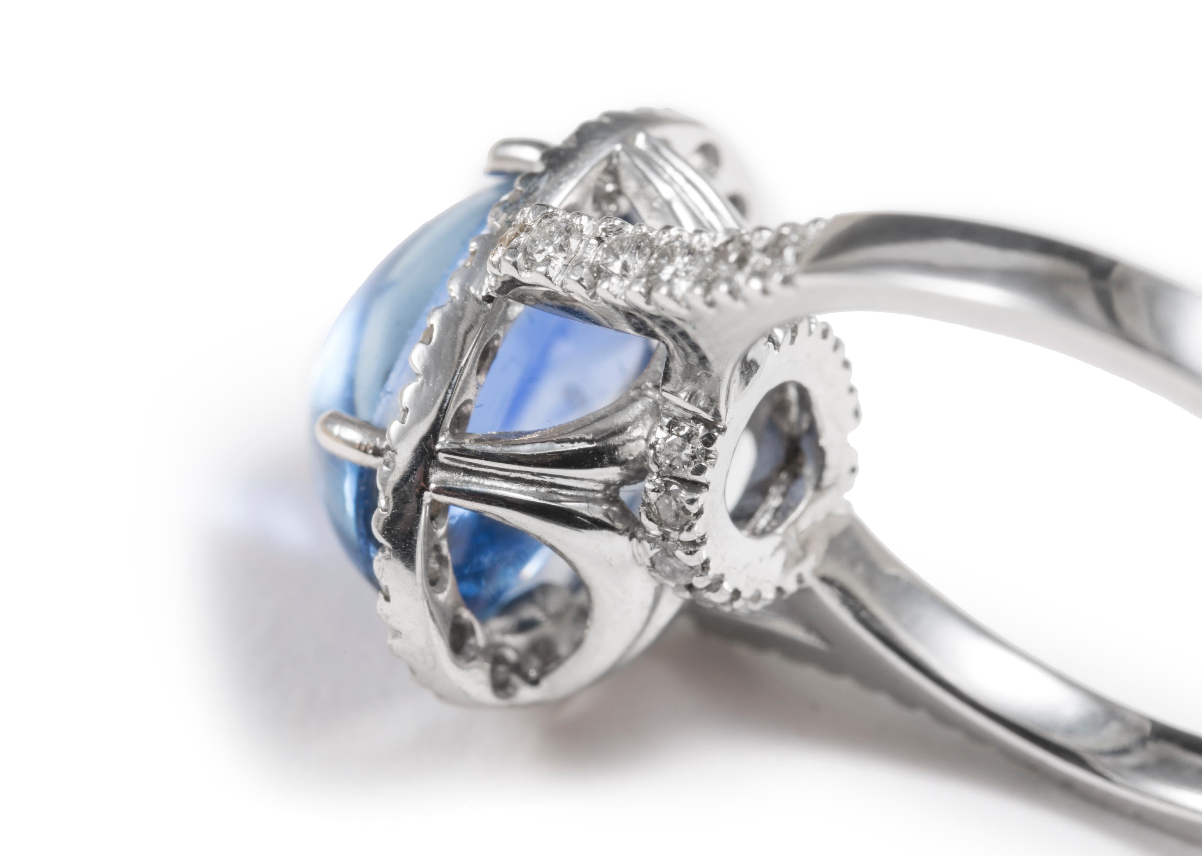 Artisan Burmese Blue Sapphire Ring with Diamonds in 18 Karat White Gold