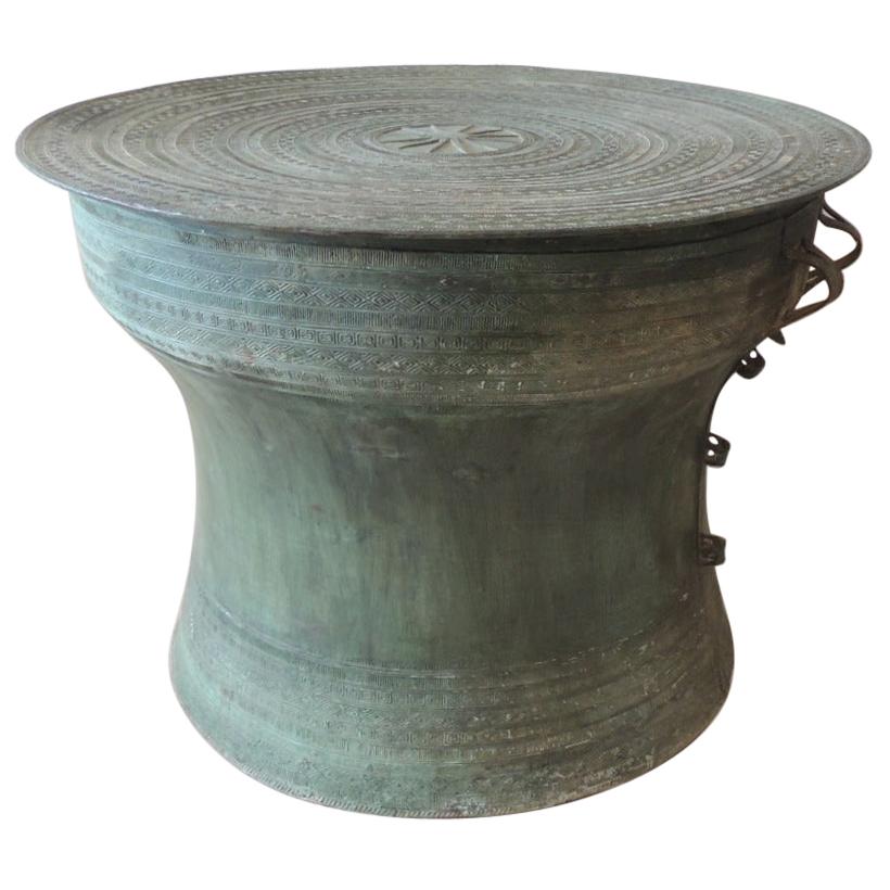 Burmese Bronze Karen Rain Drum with Intricate Decoration on Top and Sides