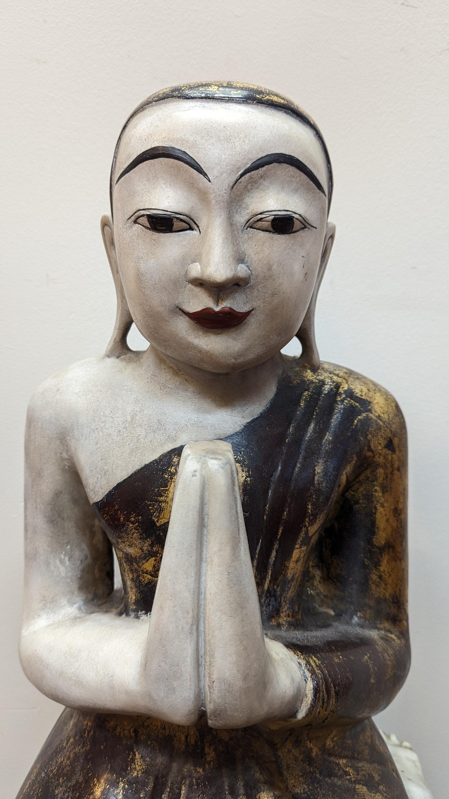 Wonderful Burmese Buddhist Devote carved from a large solid stone of Alabaster.  Collected in Myanmar Kayin State in 2004.  This statue dates to early 20th century being of the Mandalay Period 1853-1948 Burma.  Beautifully rendered Buddhist monk in