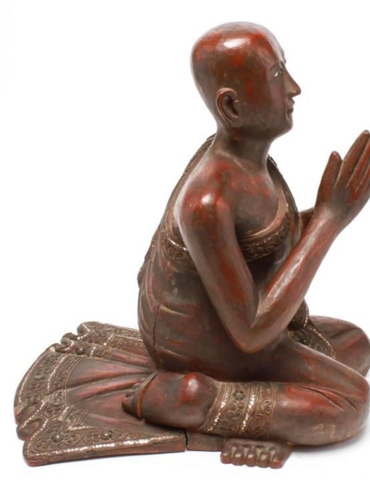 Asian Burmese Buddhist Monk Statue in Carved Wood