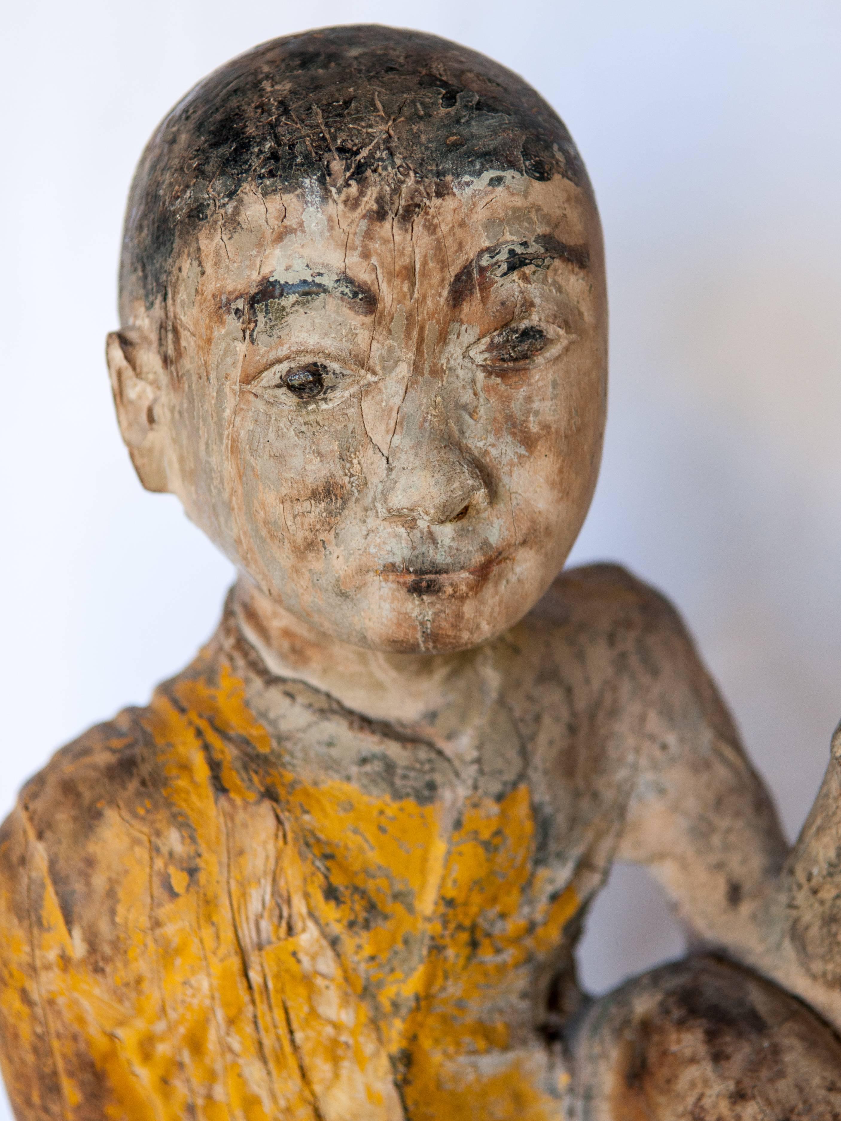 Burmese Buddhist Wood Carving, Sitting Monk or Teacher, Early 20th Century In Distressed Condition In Point Richmond, CA