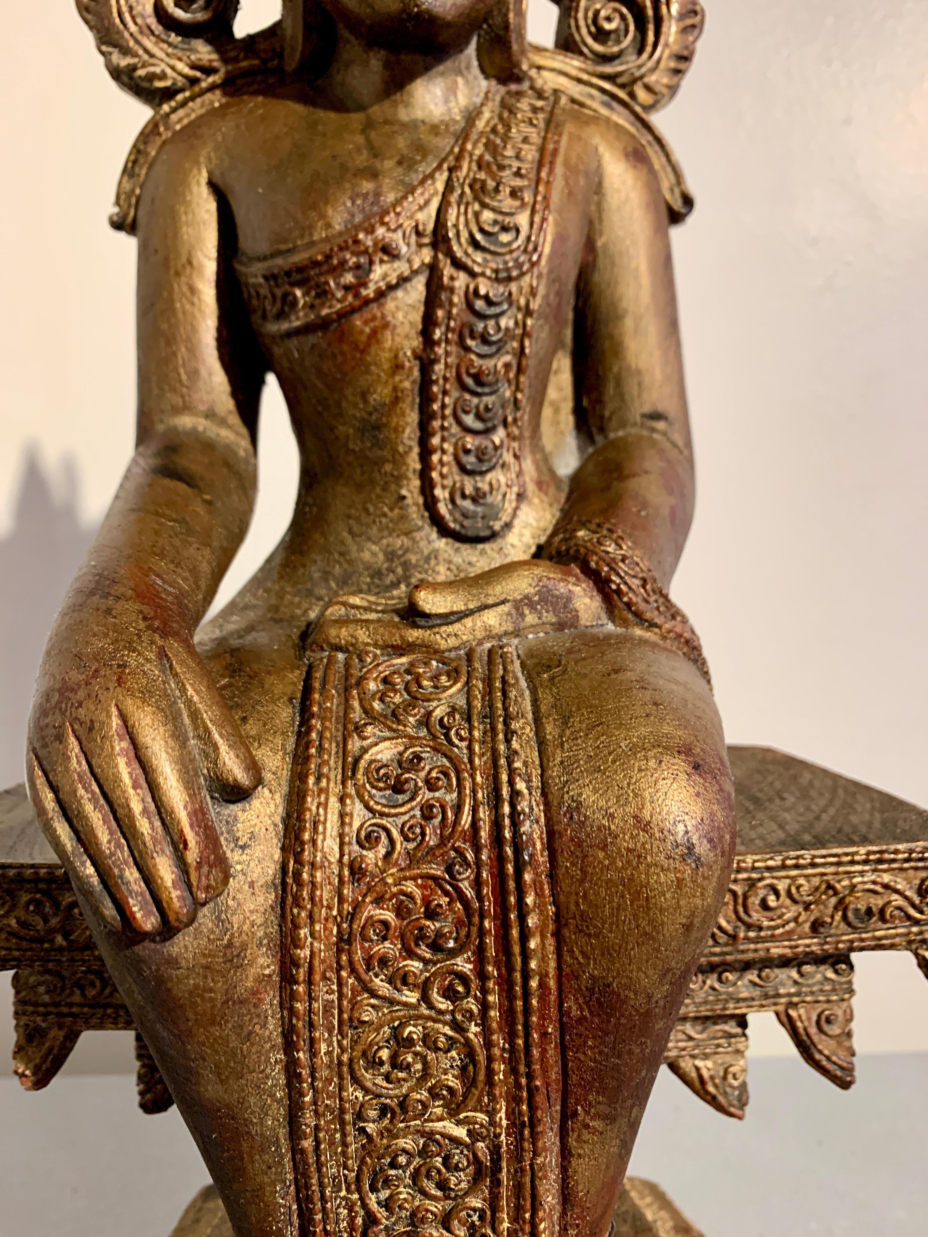 Burmese Carved Hardwood Crowned Buddha Seated in Western Pose, Mid 20th Century For Sale 6
