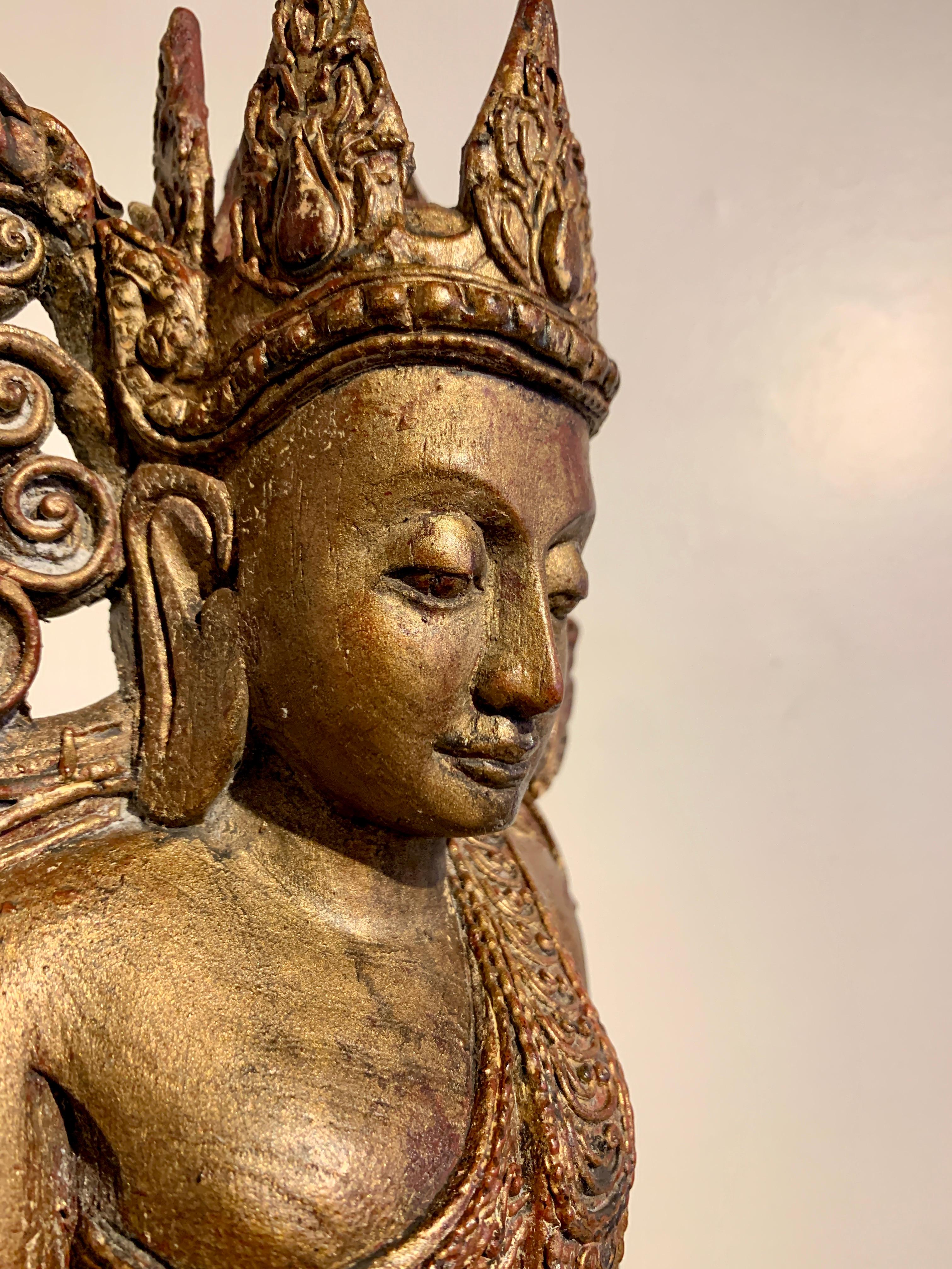 Burmese Carved Hardwood Crowned Buddha Seated in Western Pose, Mid 20th Century For Sale 9