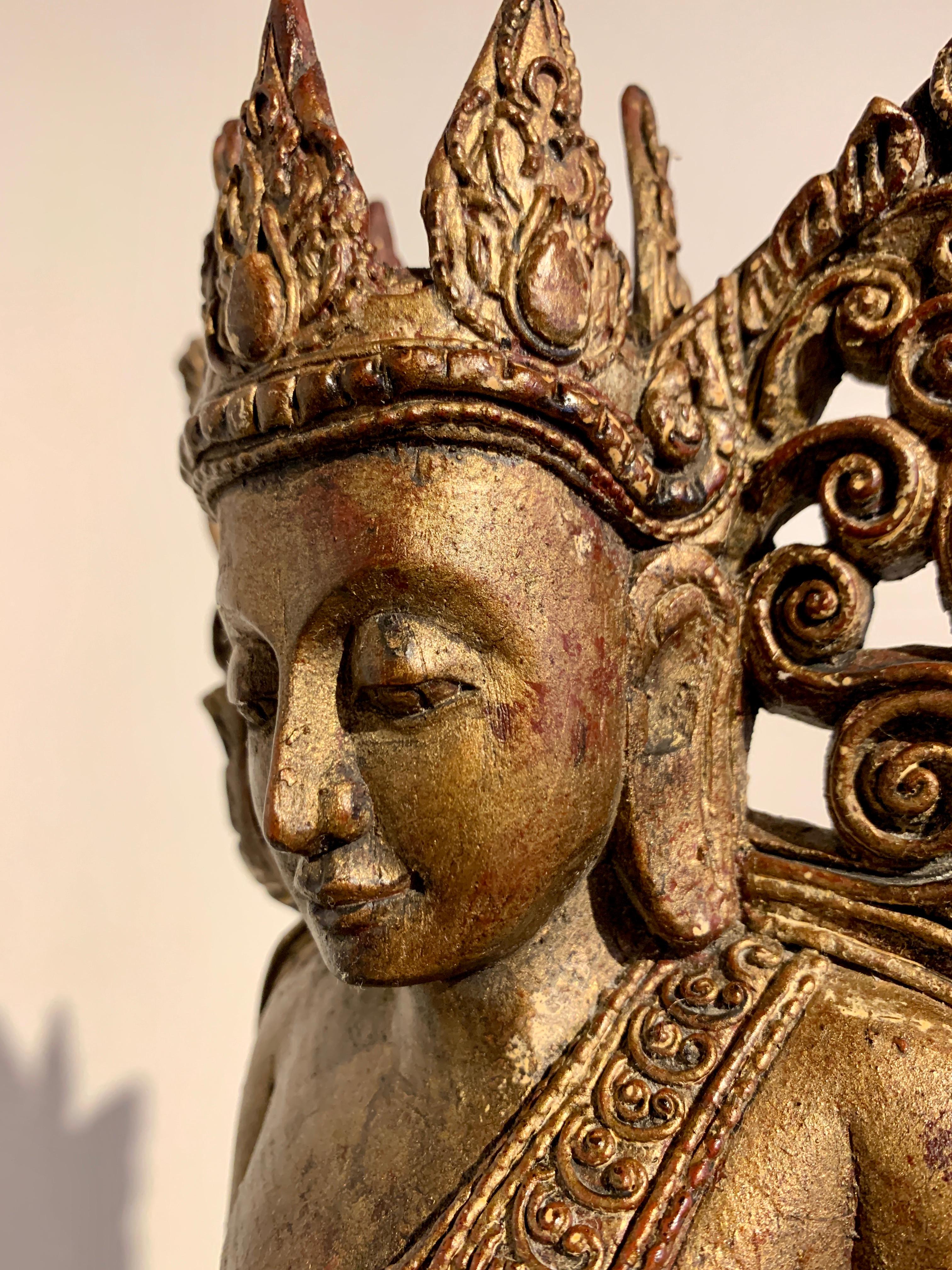 Burmese Carved Hardwood Crowned Buddha Seated in Western Pose, Mid 20th Century For Sale 10