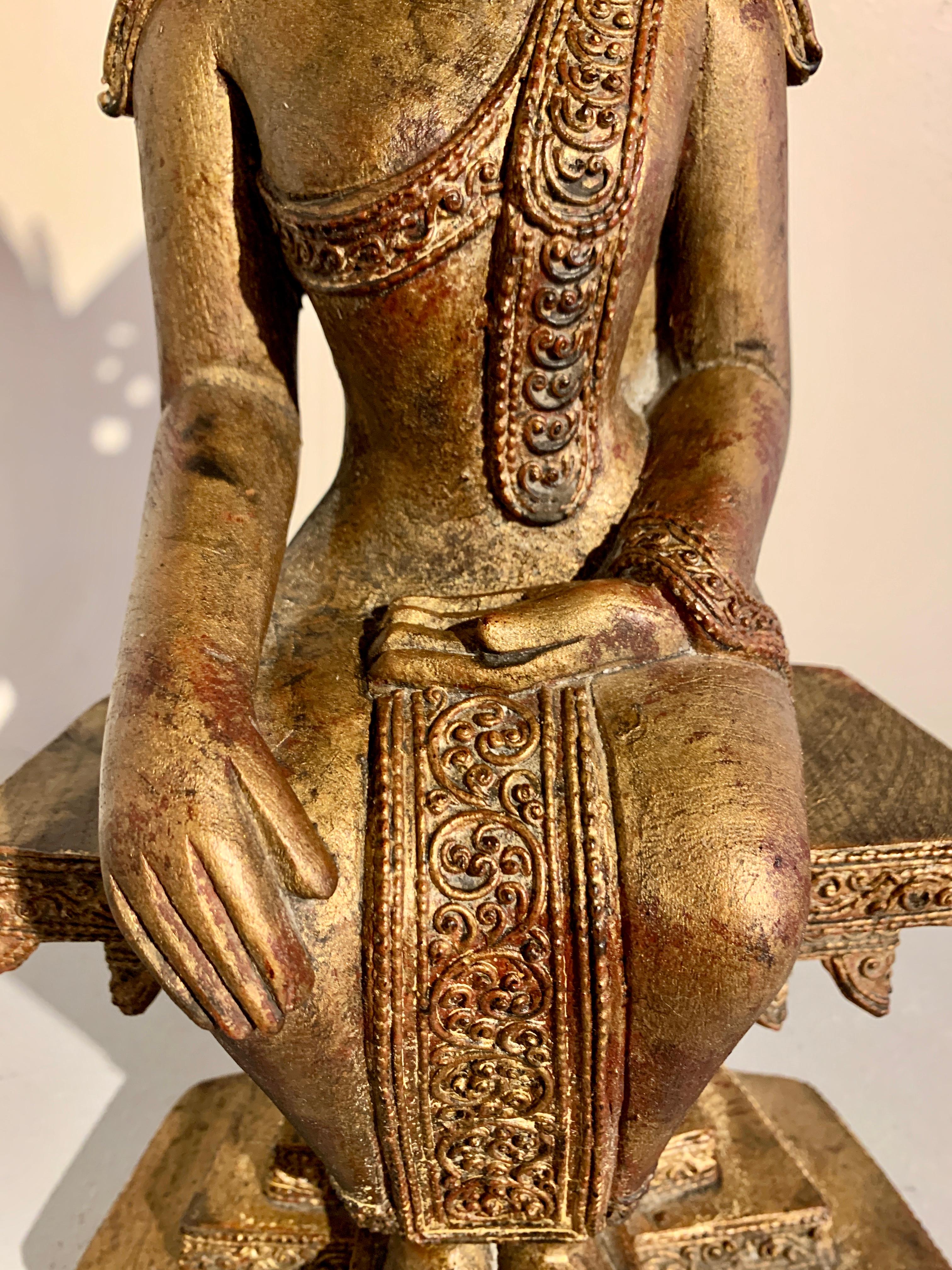 Burmese Carved Hardwood Crowned Buddha Seated in Western Pose, Mid 20th Century For Sale 12