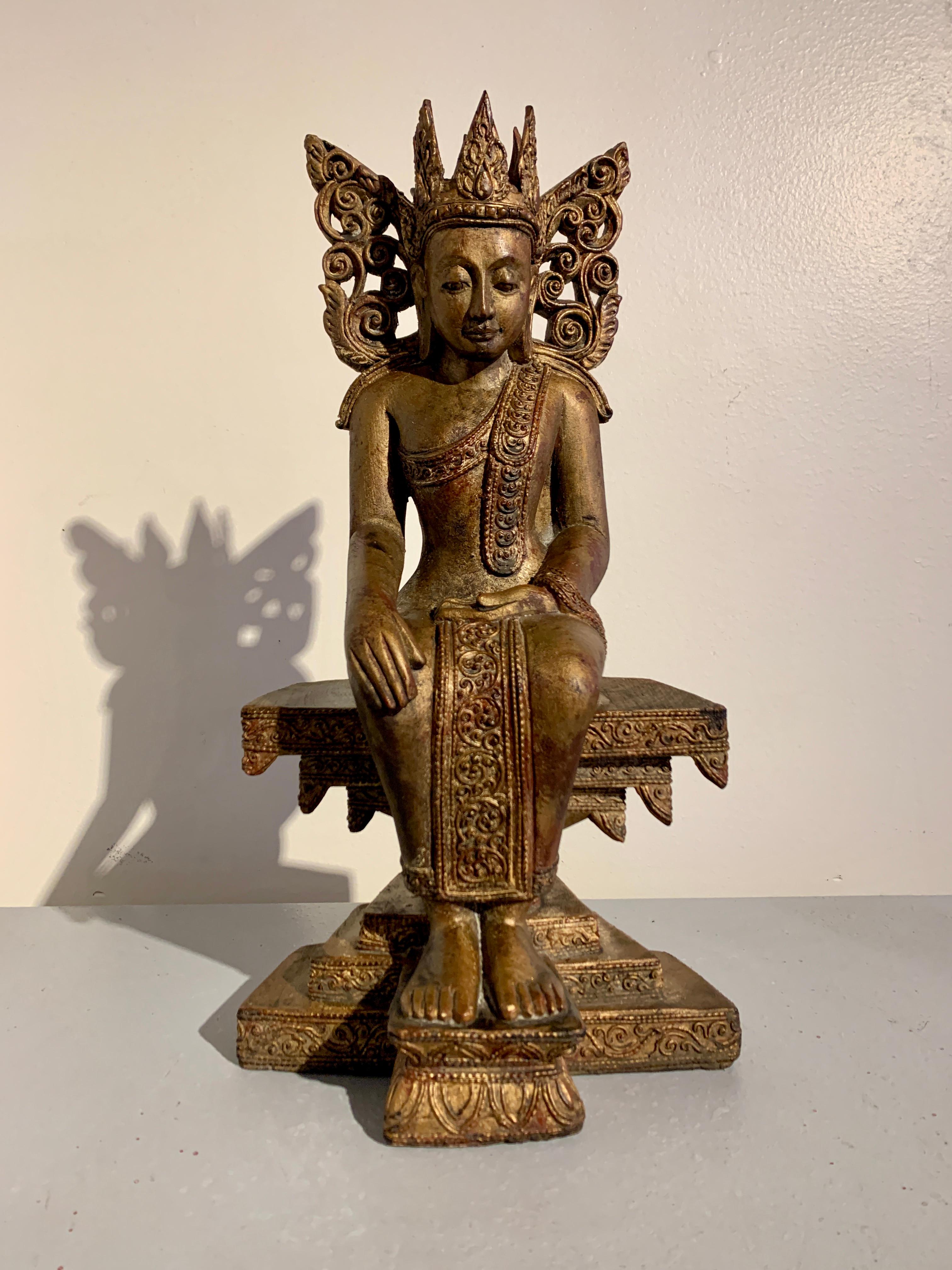 Hand-Carved Burmese Carved Hardwood Crowned Buddha Seated in Western Pose, Mid 20th Century For Sale