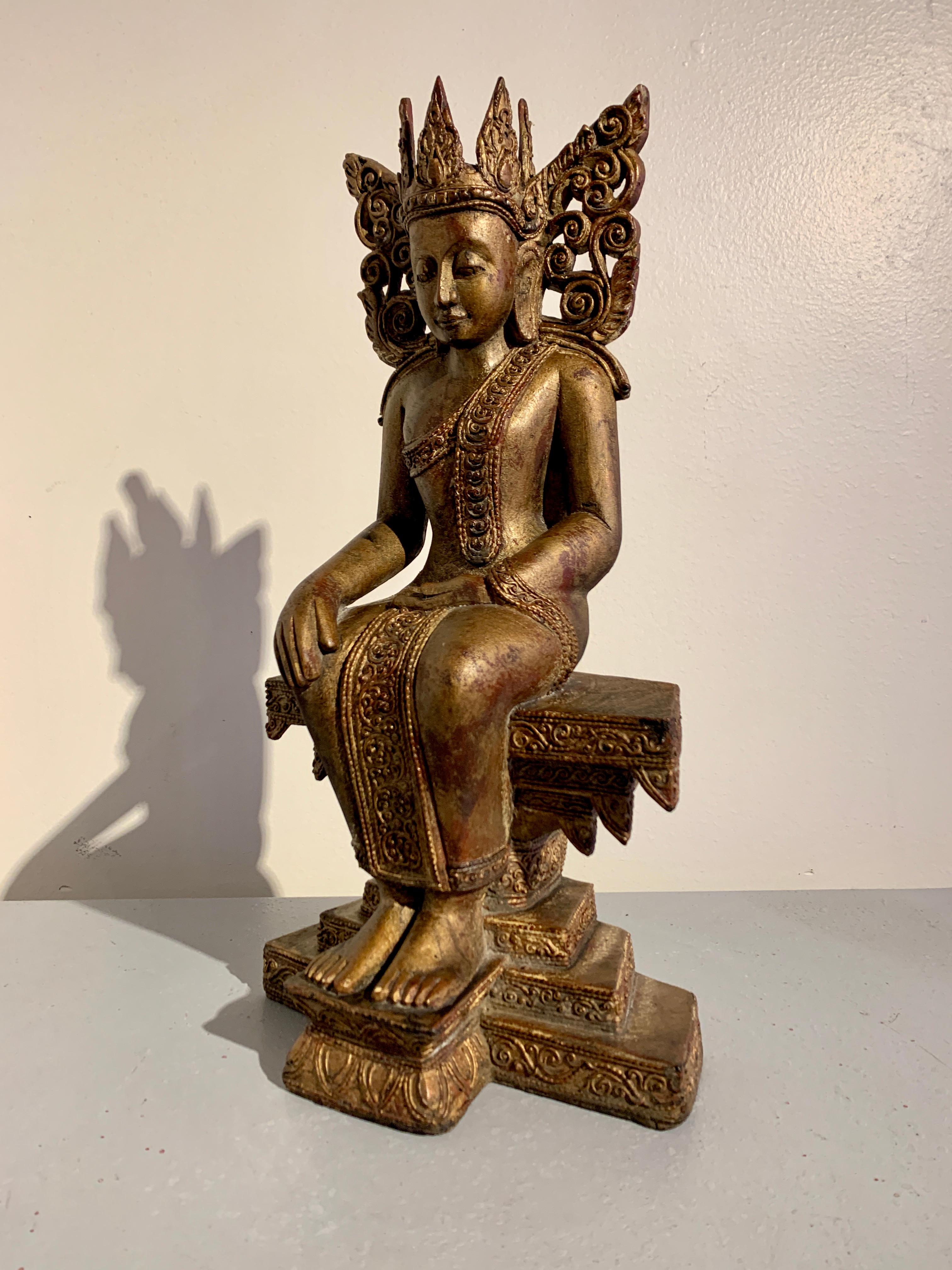 Burmese Carved Hardwood Crowned Buddha Seated in Western Pose, Mid 20th Century In Good Condition For Sale In Austin, TX