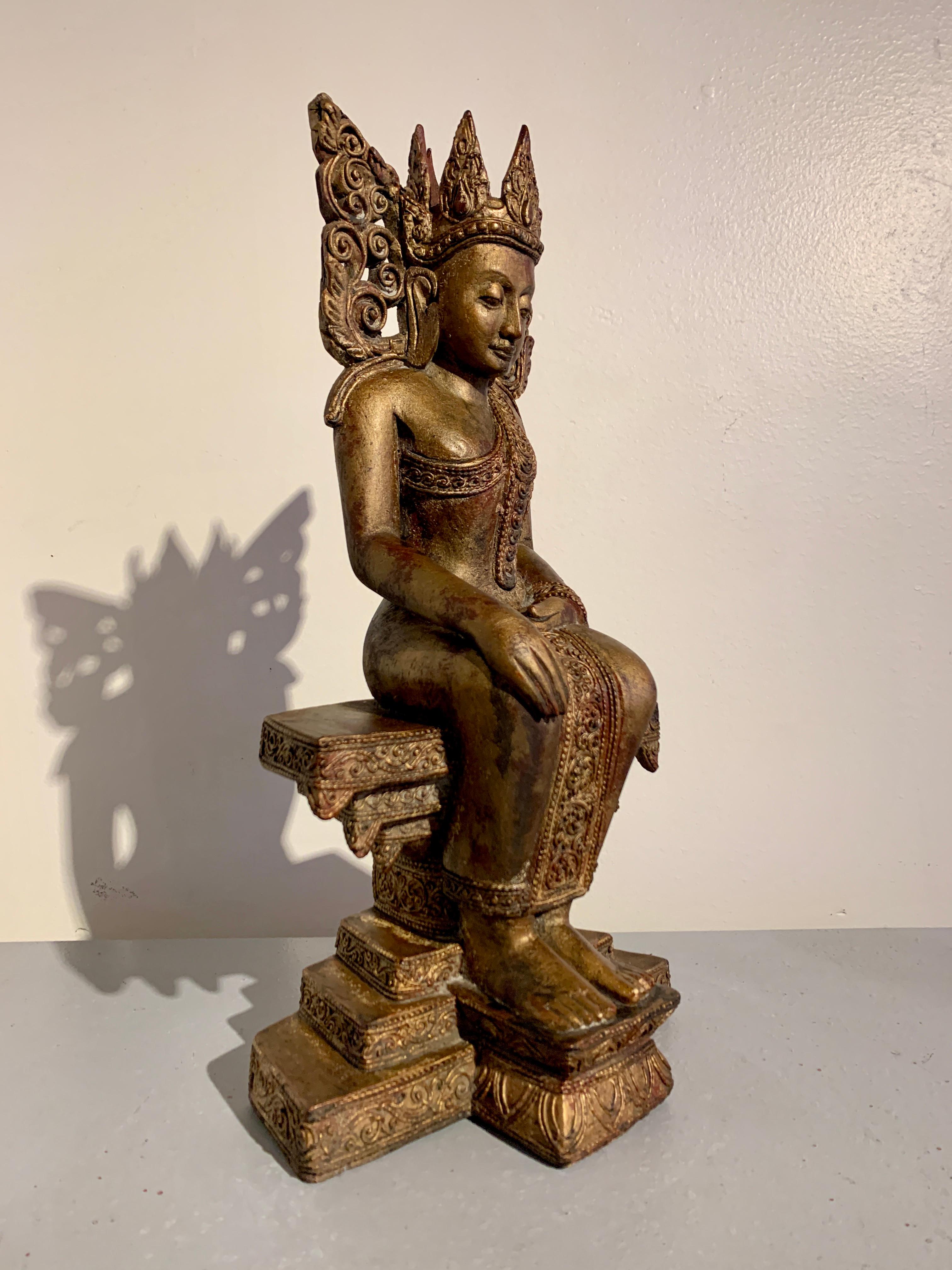 Burmese Carved Hardwood Crowned Buddha Seated in Western Pose, Mid 20th Century For Sale 4