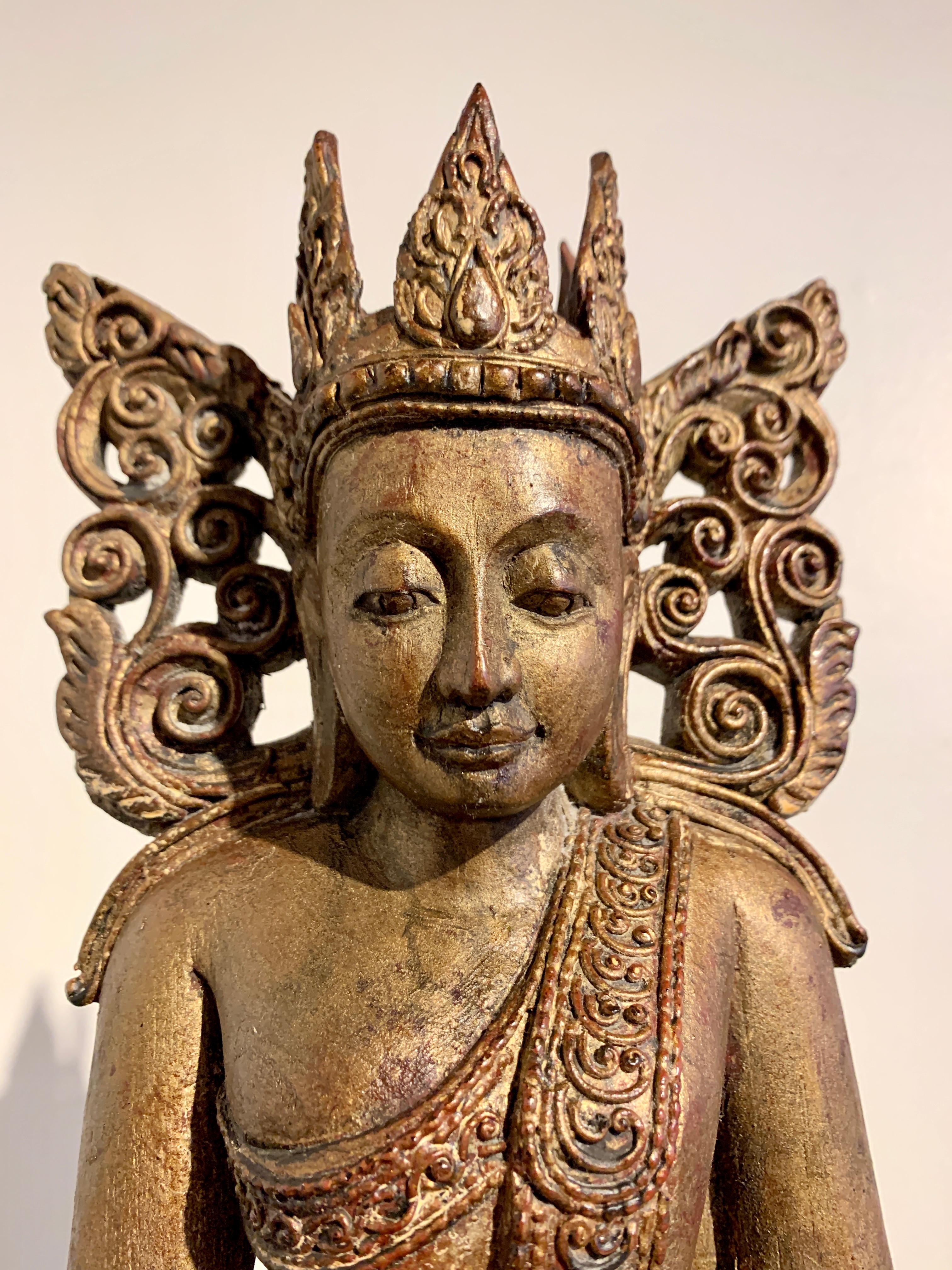 Burmese Carved Hardwood Crowned Buddha Seated in Western Pose, Mid 20th Century For Sale 5