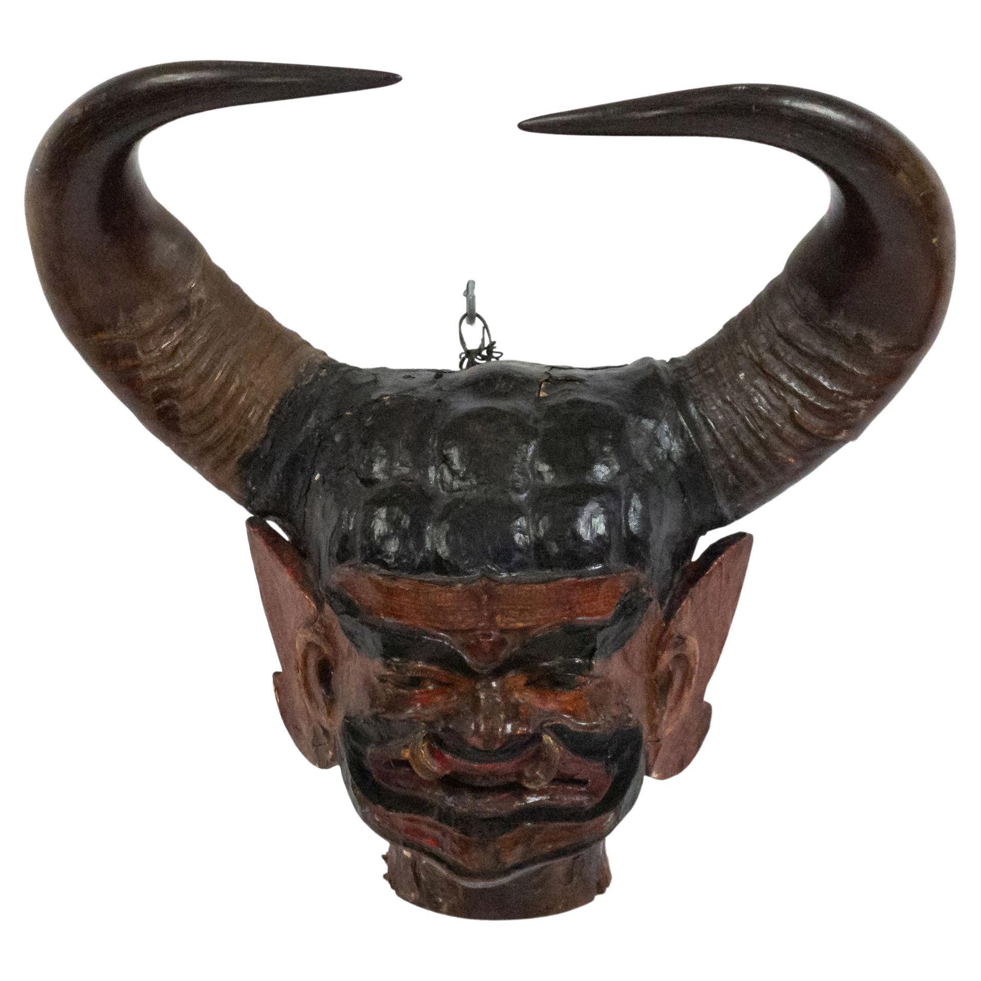 Burmese Carved Horned Figure Wall Plaque For Sale