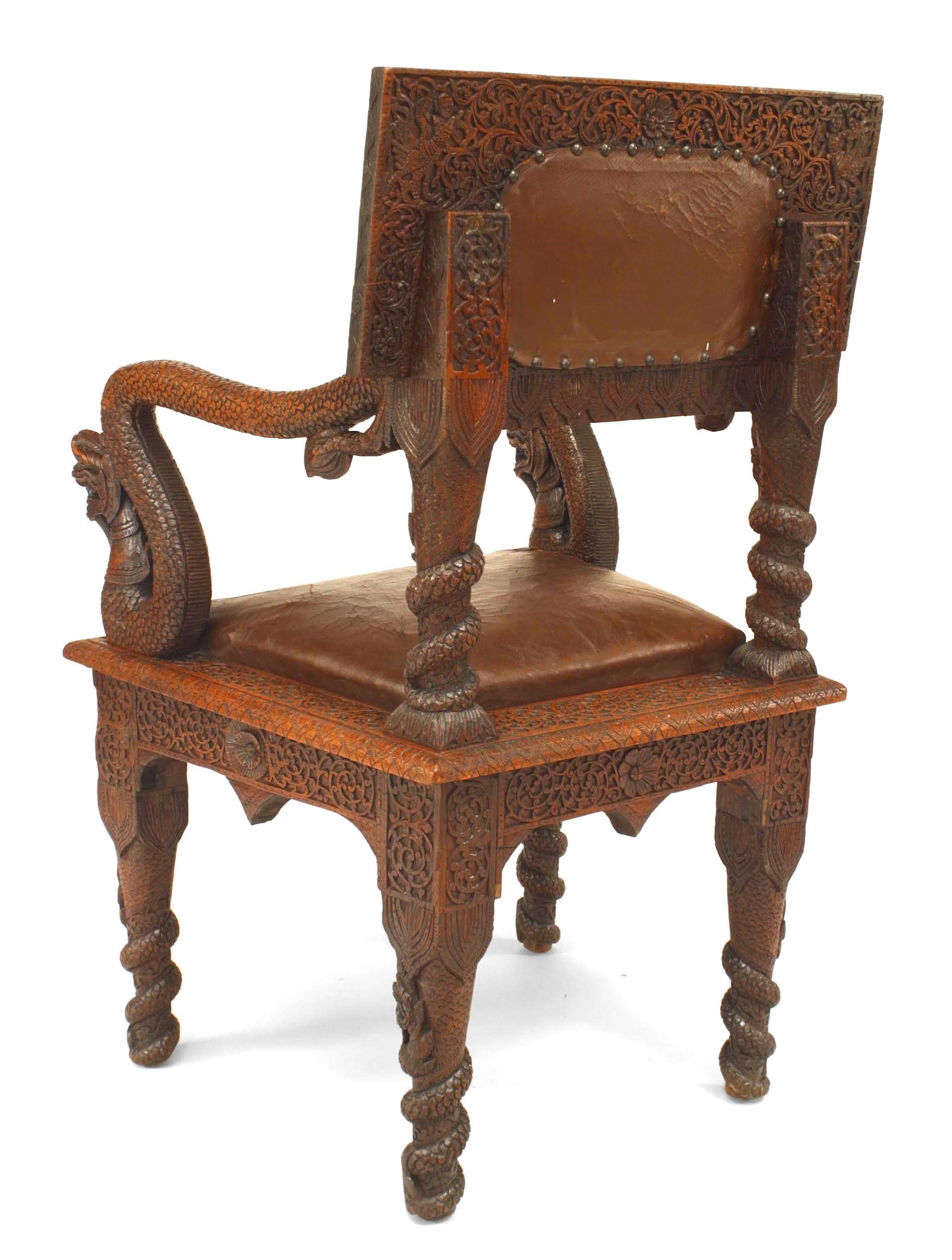 Burmese Carved Oak and Leather Armchair In Good Condition In Queens, NY