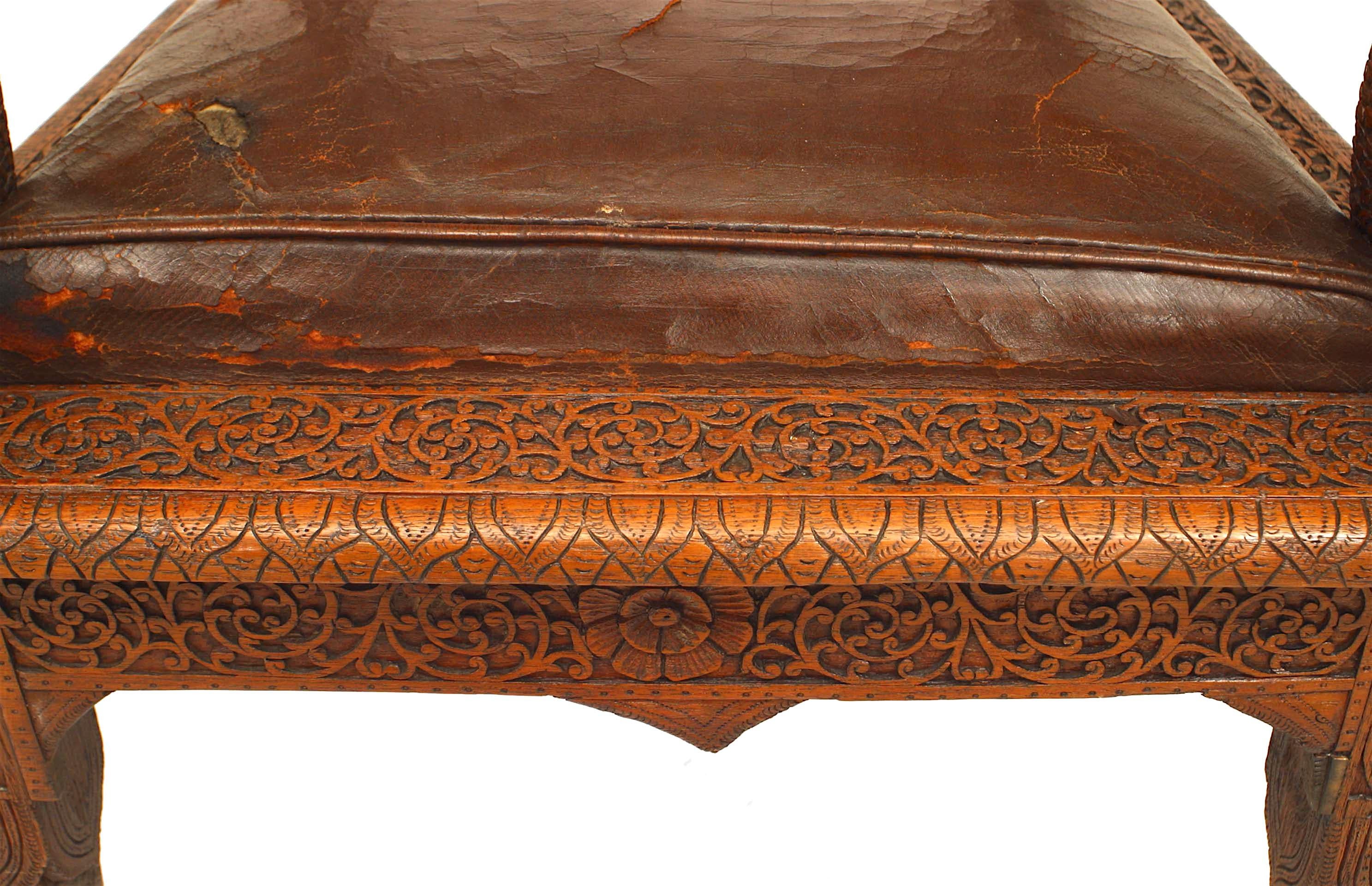 19th Century Burmese Carved Oak and Leather Armchair