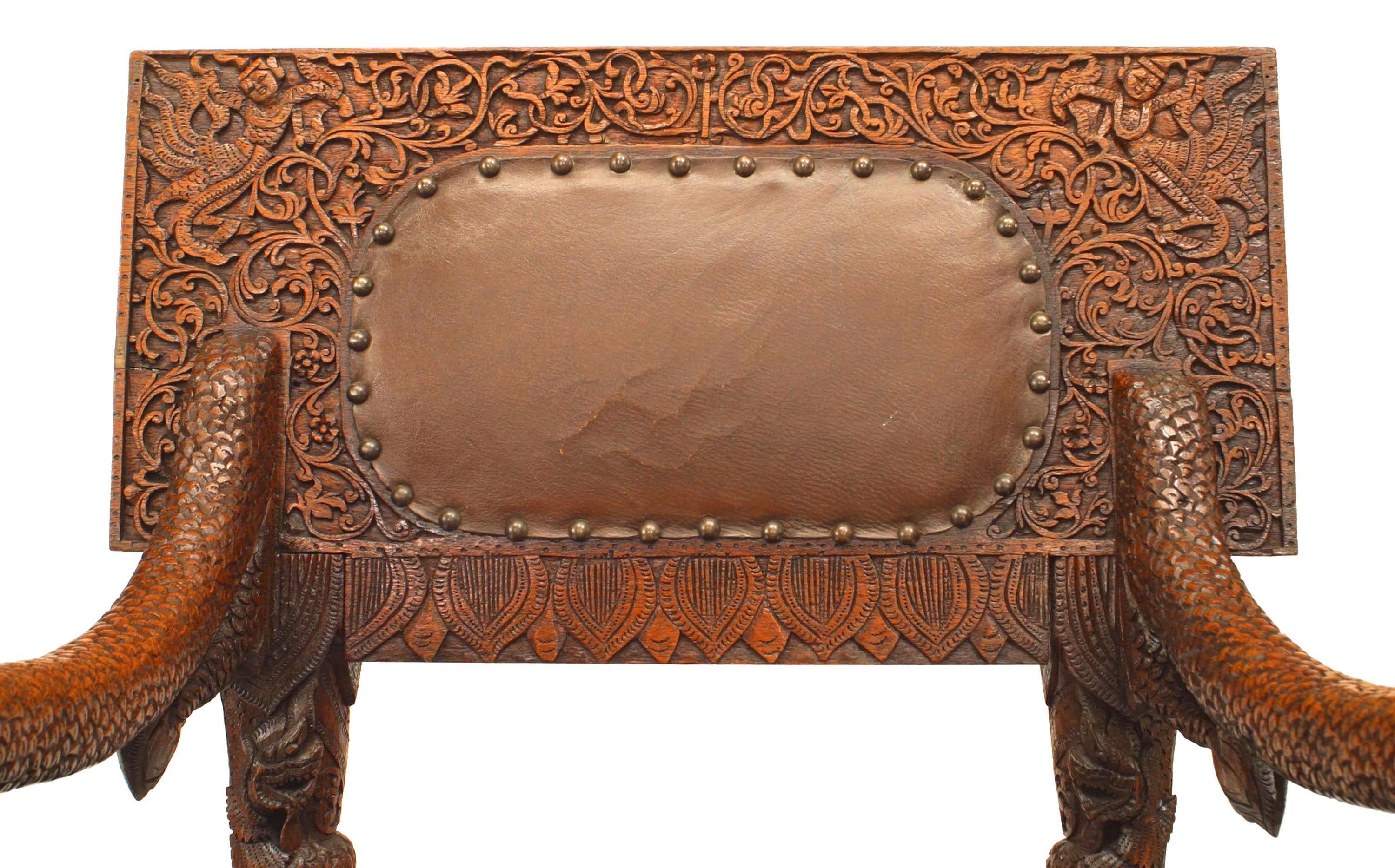 Burmese Carved Oak and Leather Armchair 1