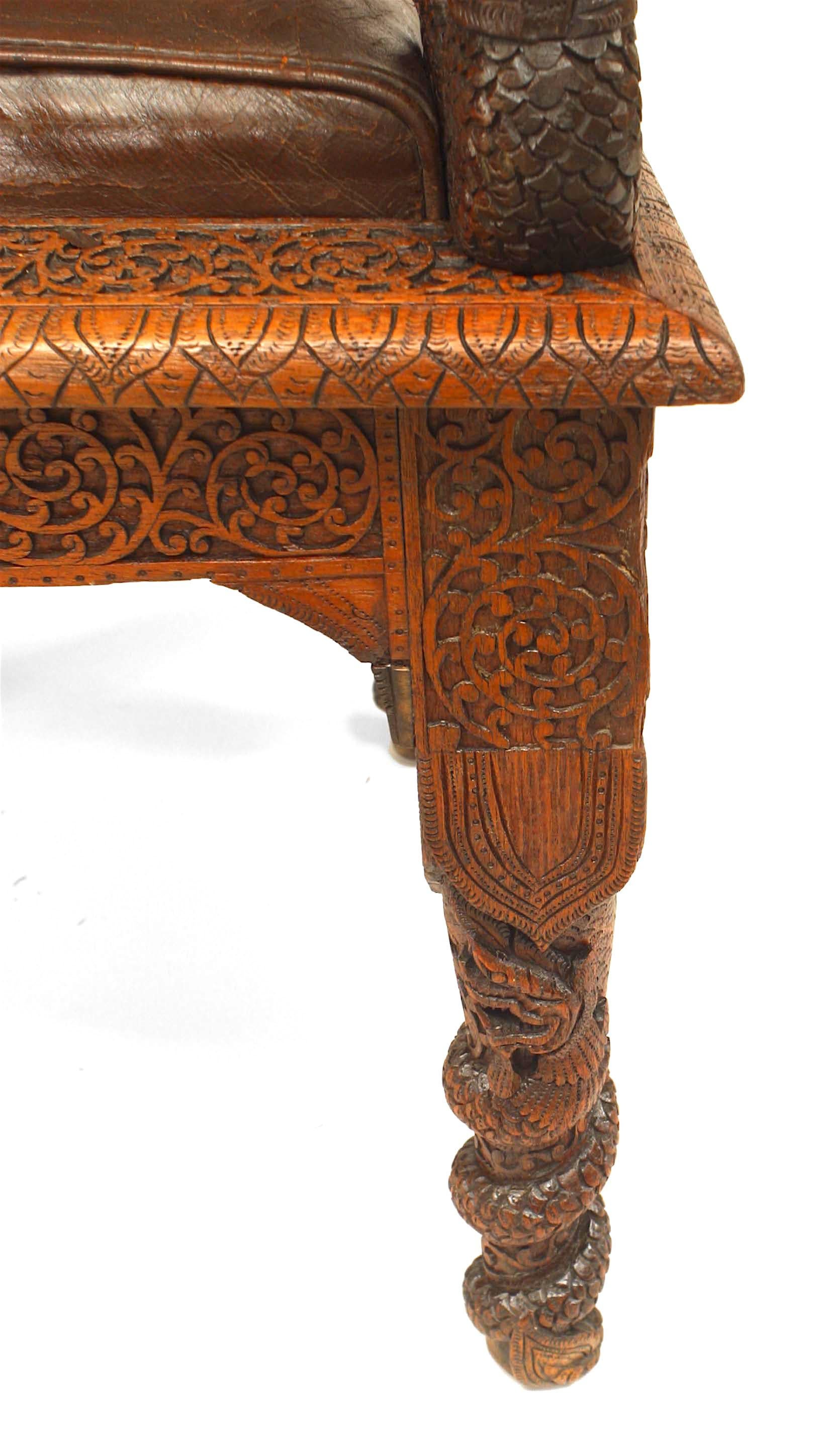 Burmese Carved Oak and Leather Armchair 2