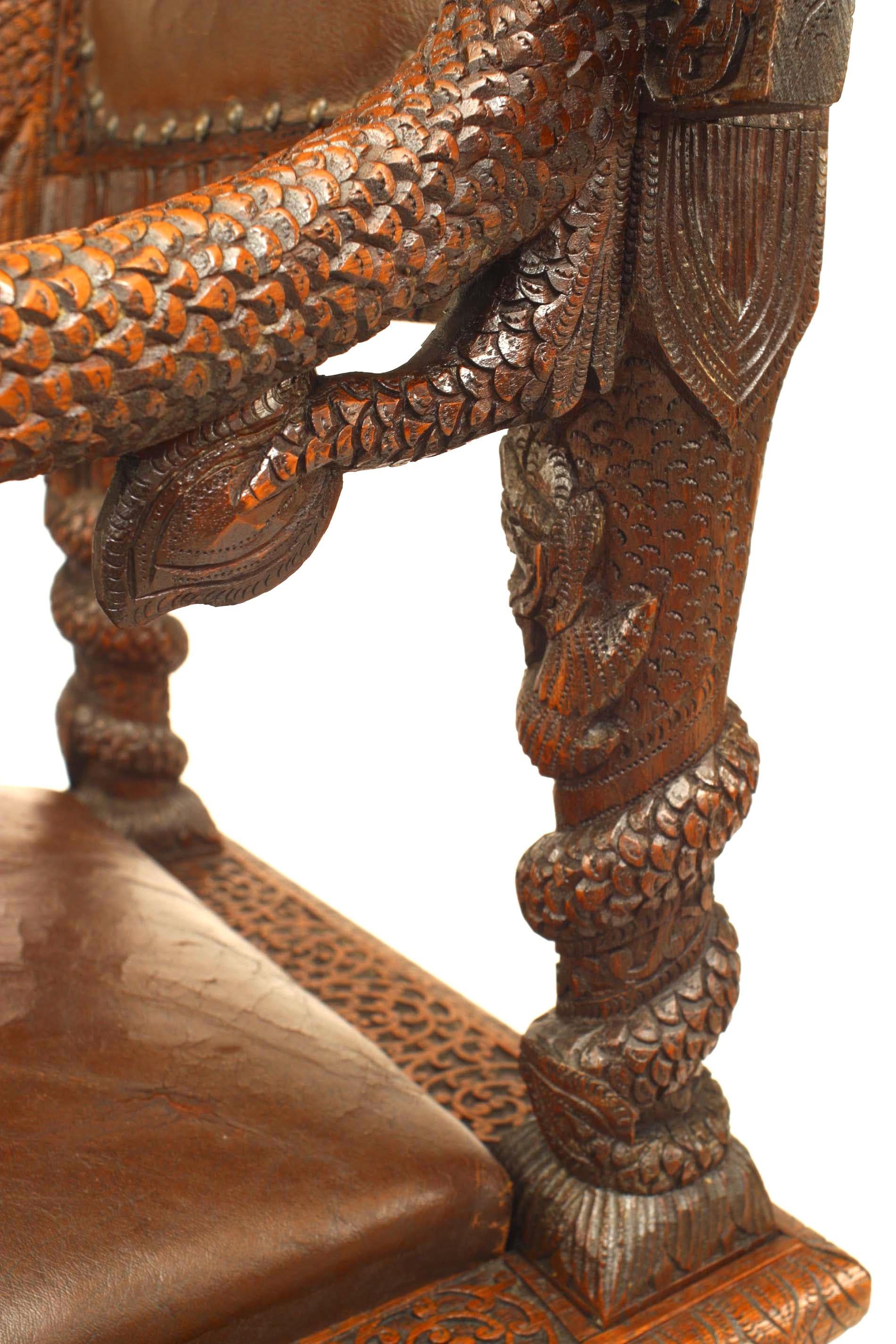 Burmese Carved Oak and Leather Armchair For Sale 3