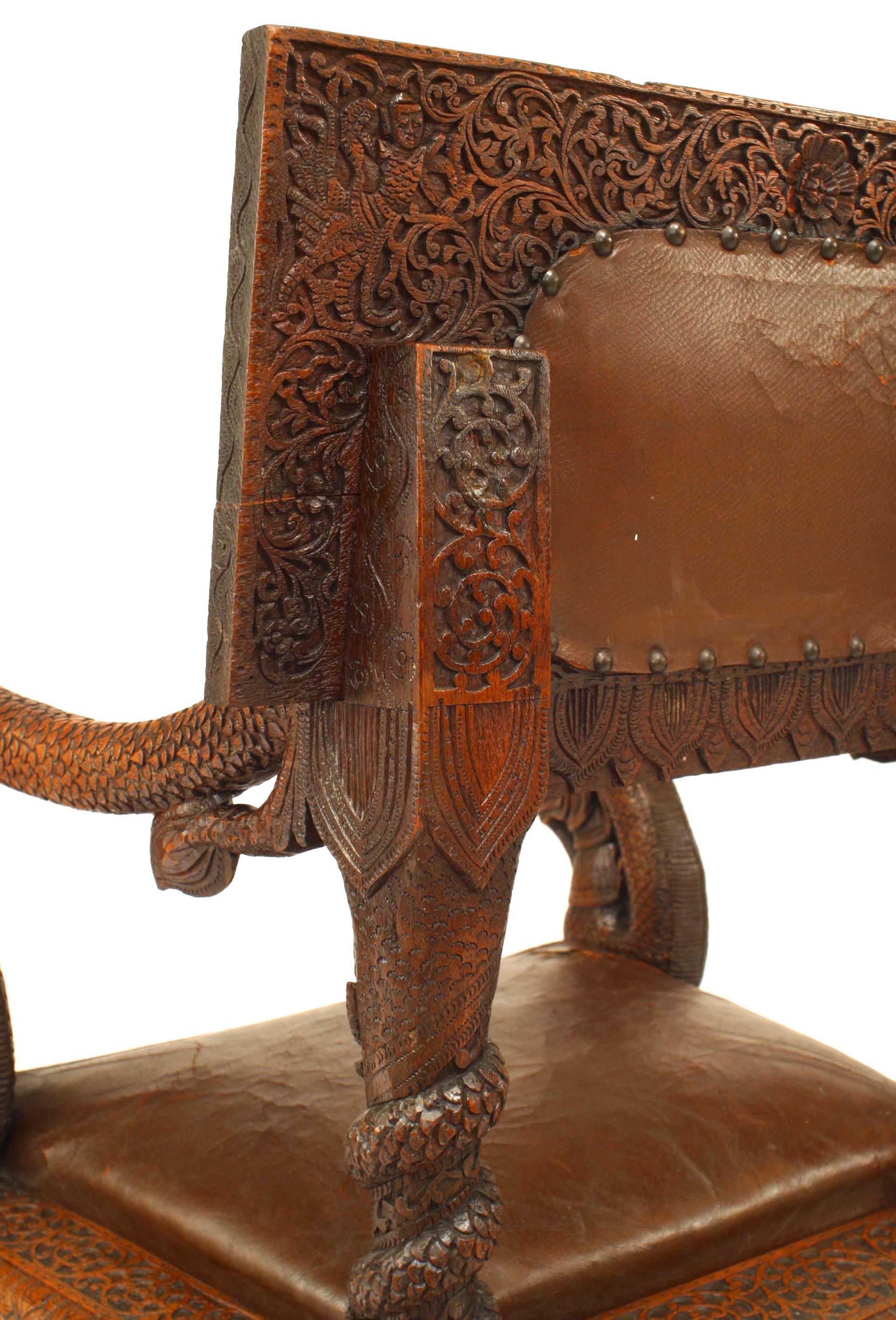 Burmese Carved Oak and Leather Armchair 4