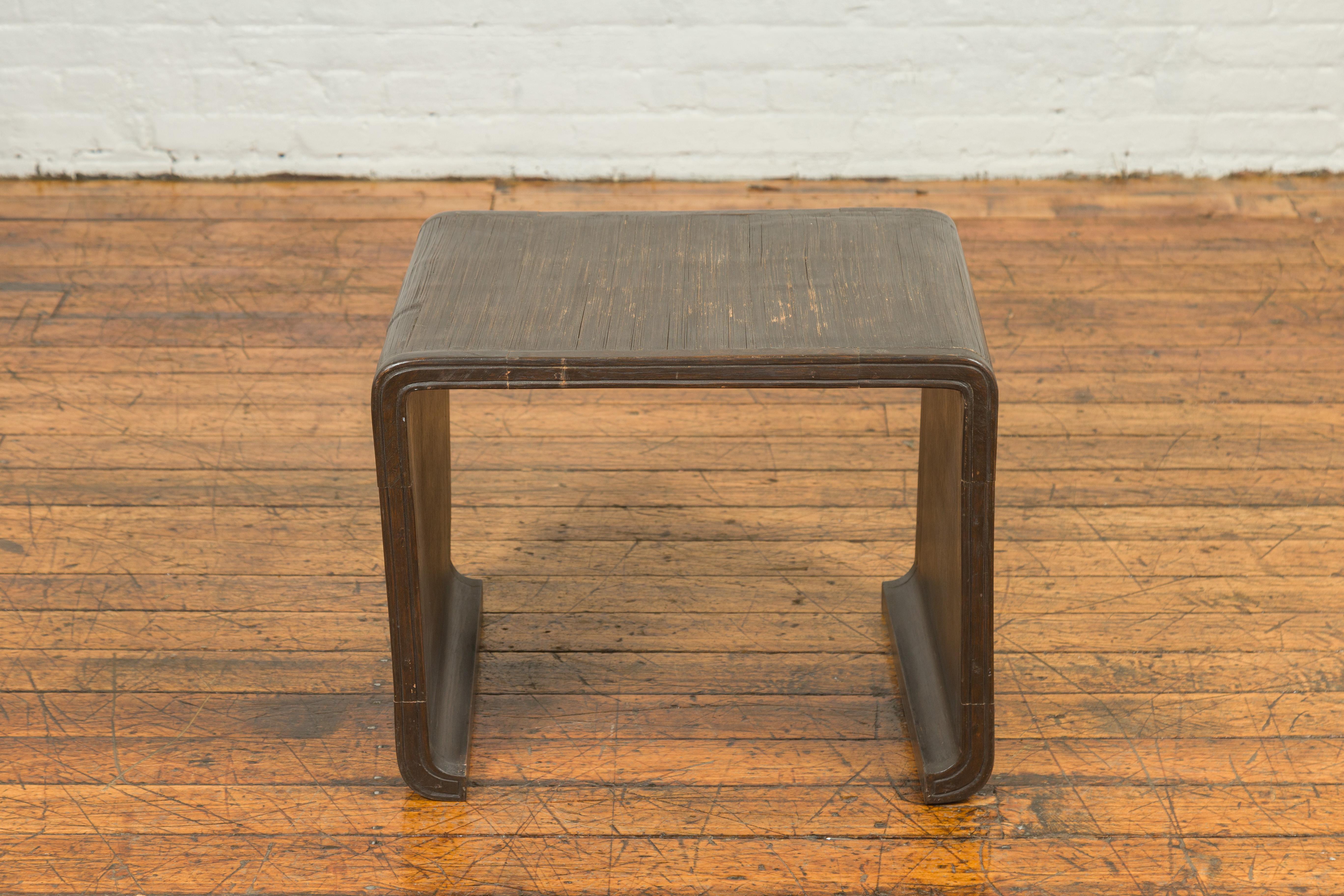Burmese Minimalist Waterfall Side Table with Opium Mat Top and Horse Hoof Feet For Sale
