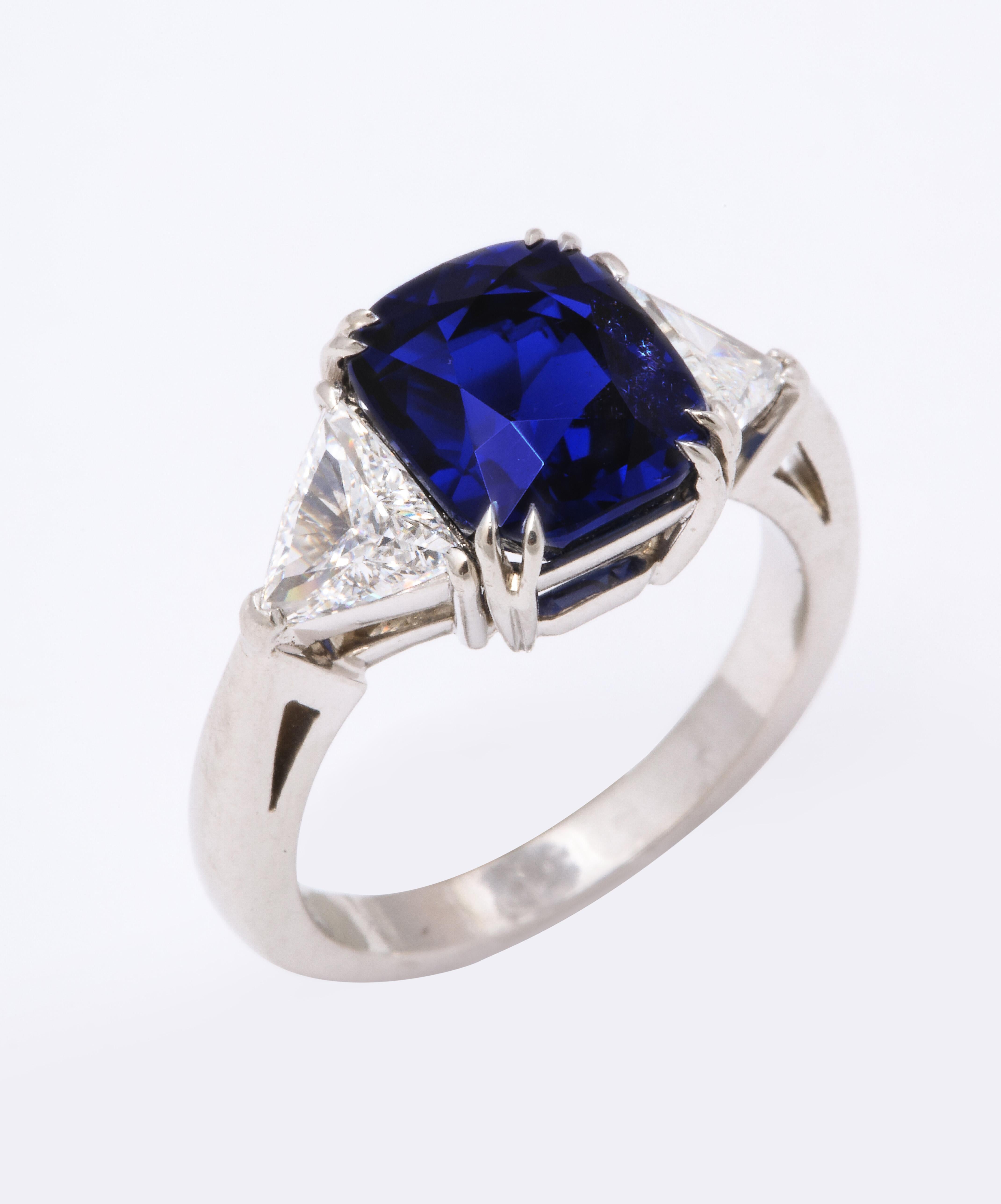 Burmese Cushion Cut Sapphire Trillion Cut Diamond Platinum Ring In Good Condition For Sale In New York, NY
