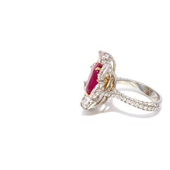 Burmese Cushion Ruby & Pear Diamond 18k Gold Ring, AGL & Gübelin Certified