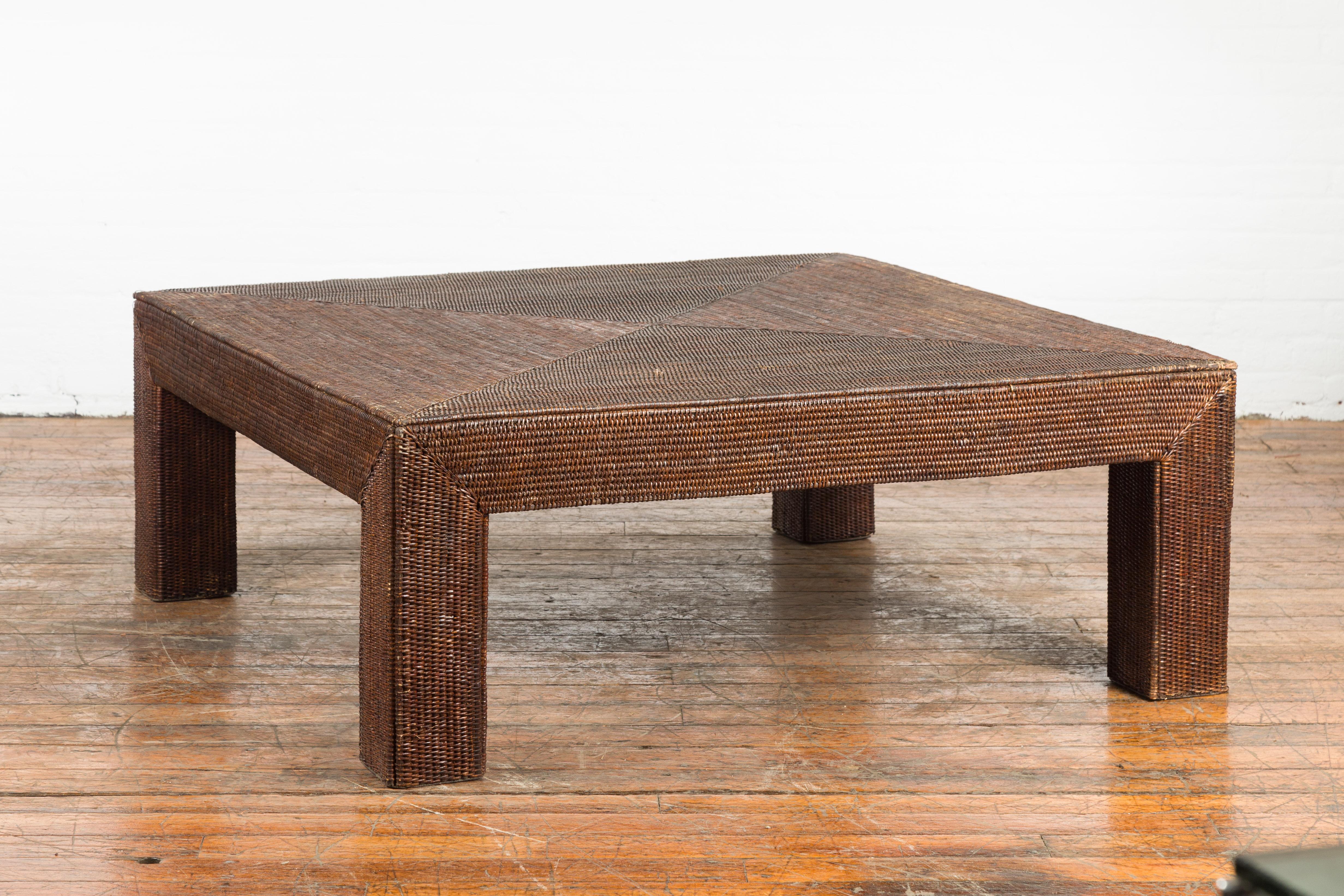 Burmese Dark Brown Rattan Parsons Leg Coffee Table Hand-Stitched over Wood 3