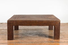 Burmese Dark Brown Rattan Parsons Leg Coffee Table Hand-Stitched over Wood
