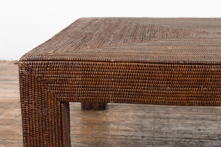 Burmese Dark Brown Rattan Parsons Leg Coffee Table Hand-Stitched over Wood In Good Condition For Sale In Yonkers, NY