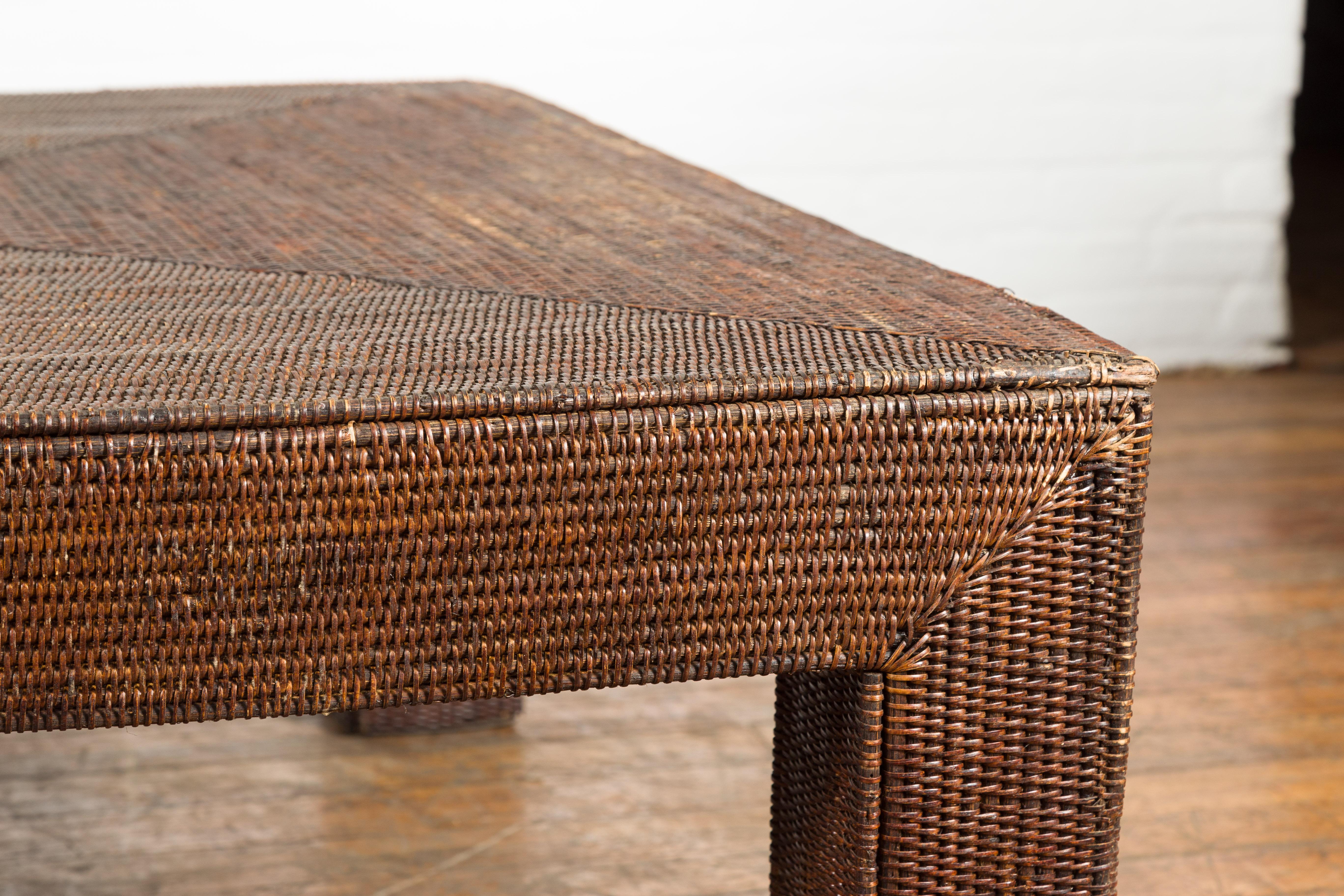 Mid-Century Modern Burmese Dark Brown Rattan Parsons Leg Coffee Table Hand-Stitched over Wood