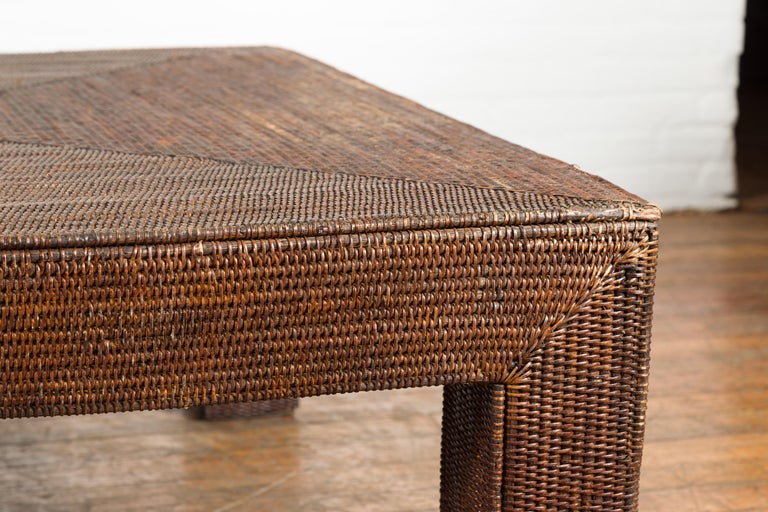 20th Century Burmese Dark Brown Rattan Parsons Leg Coffee Table Hand-Stitched over Wood For Sale