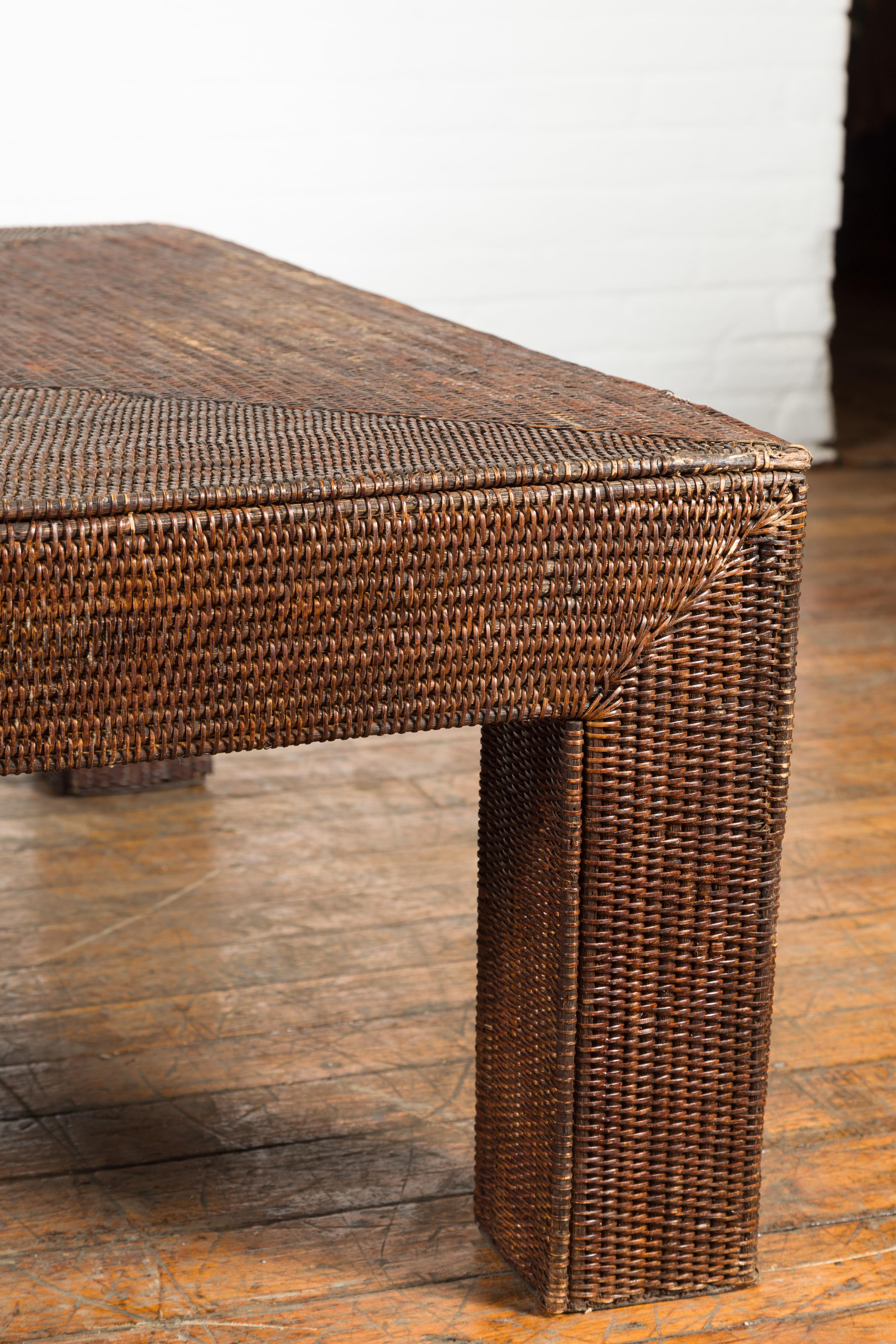 20th Century Burmese Dark Brown Rattan Parsons Leg Coffee Table Hand-Stitched over Wood