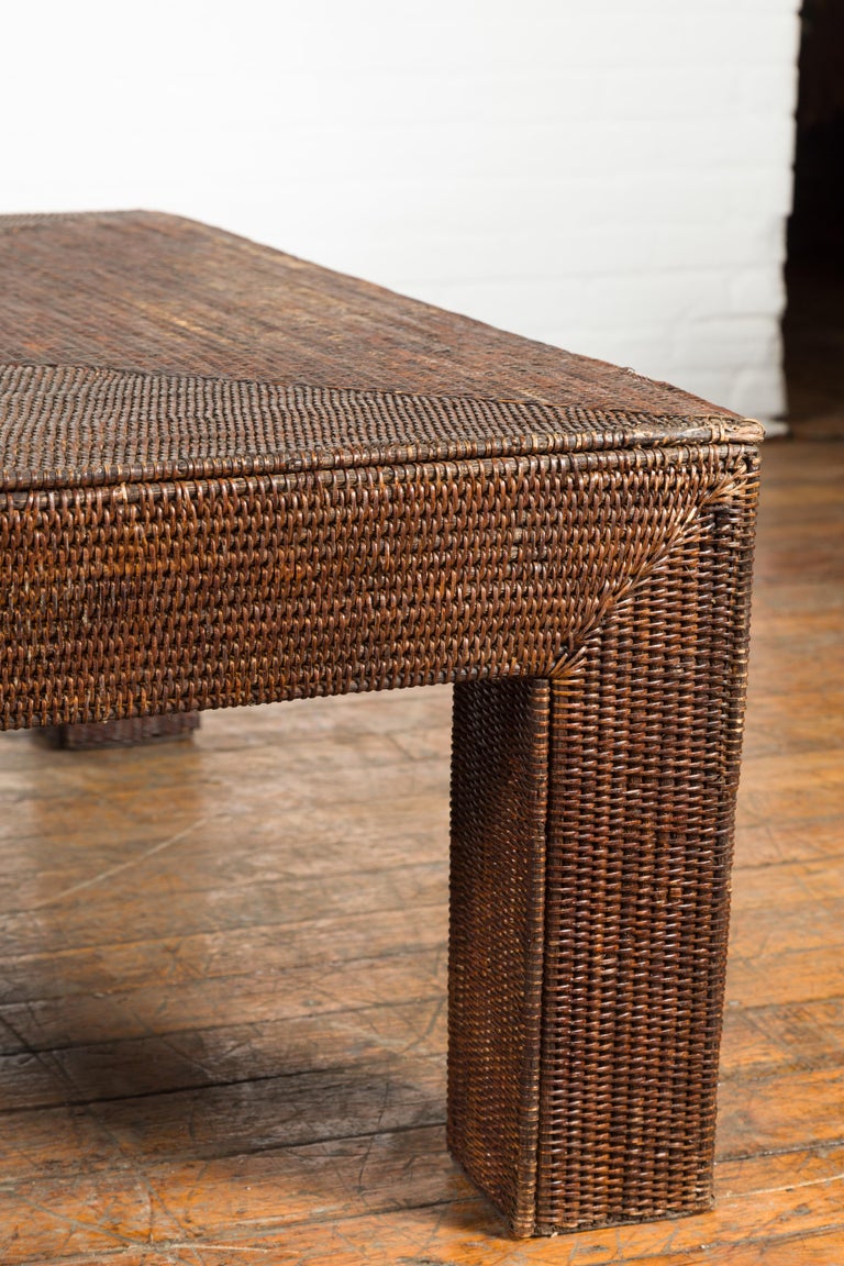 Burmese Dark Brown Rattan Parsons Leg Coffee Table Hand-Stitched over Wood For Sale 2
