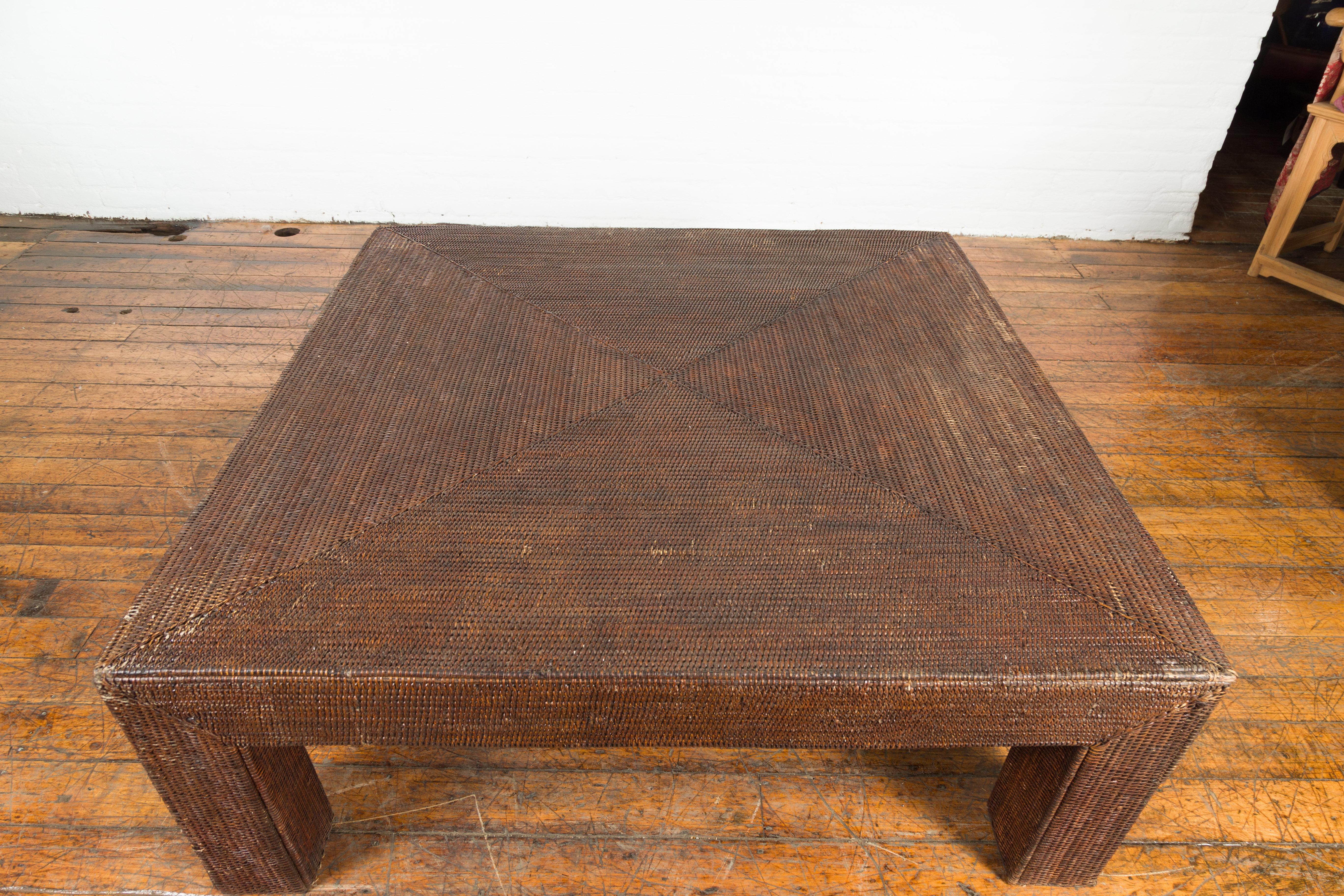 Burmese Dark Brown Rattan Parsons Leg Coffee Table Hand-Stitched over Wood 1