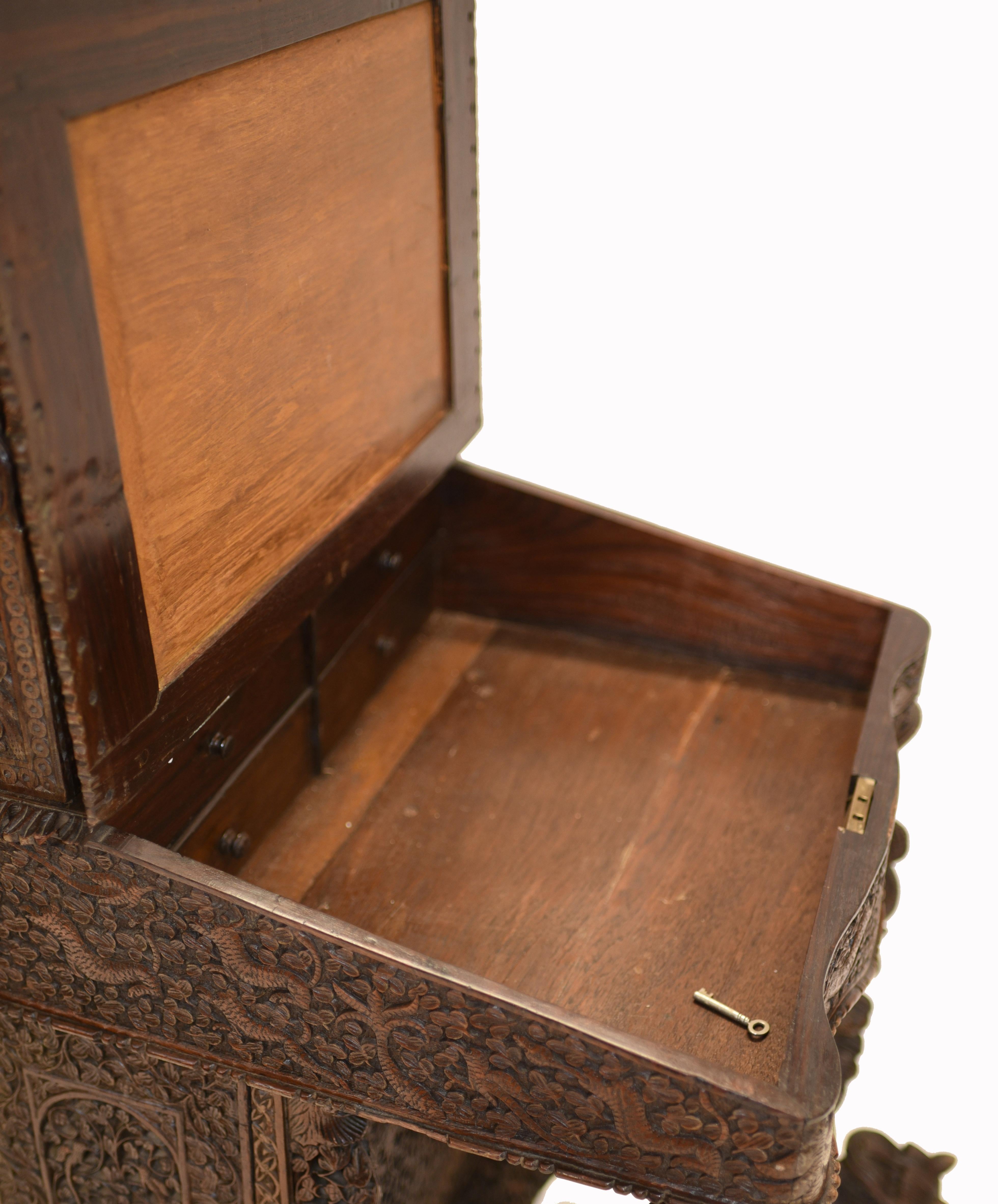 Burmese Davenport Desk Antique Hand Caved Burma Furniture, 1885 6