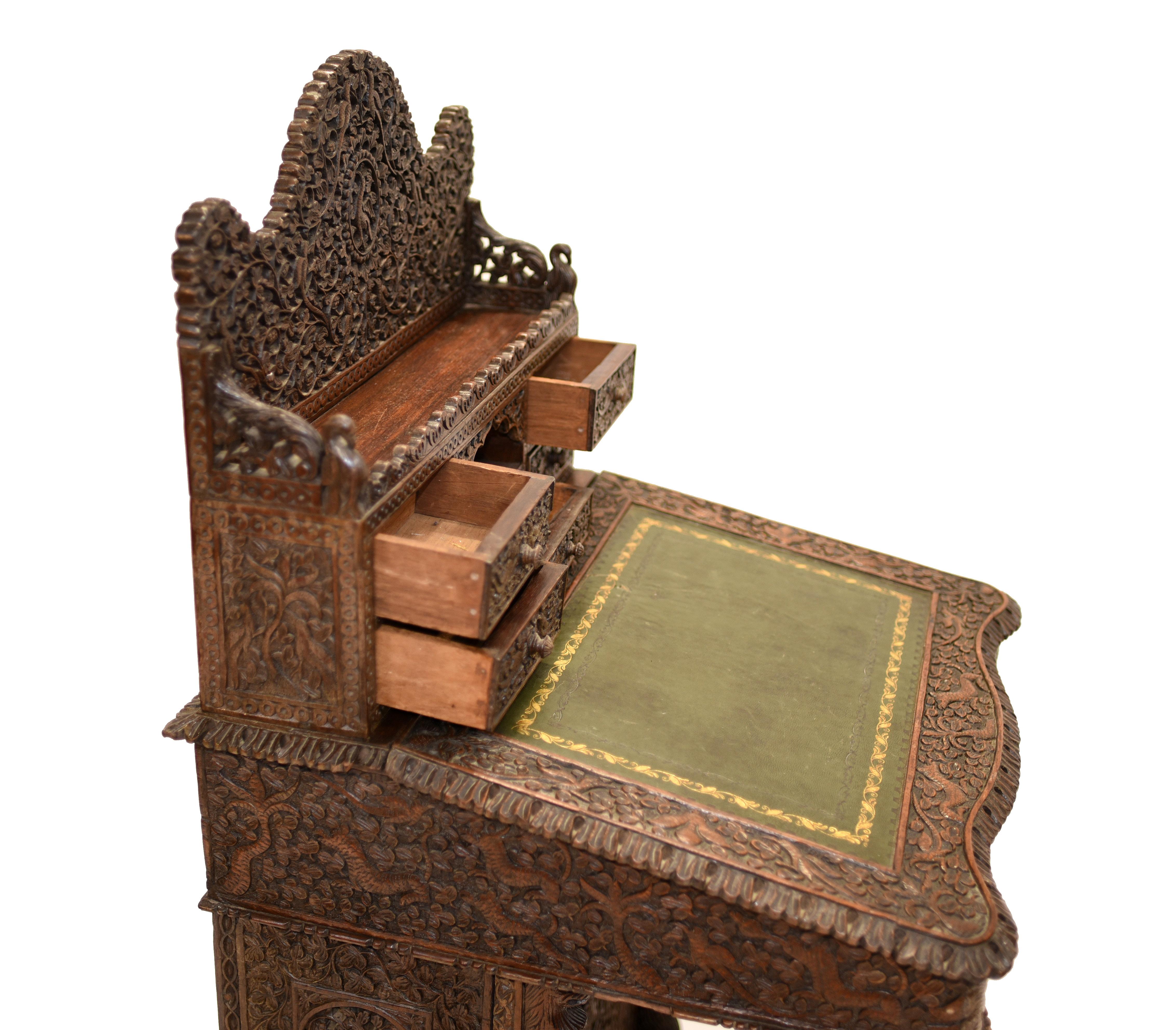 Burmese Davenport Desk Antique Hand Caved Burma Furniture, 1885 7