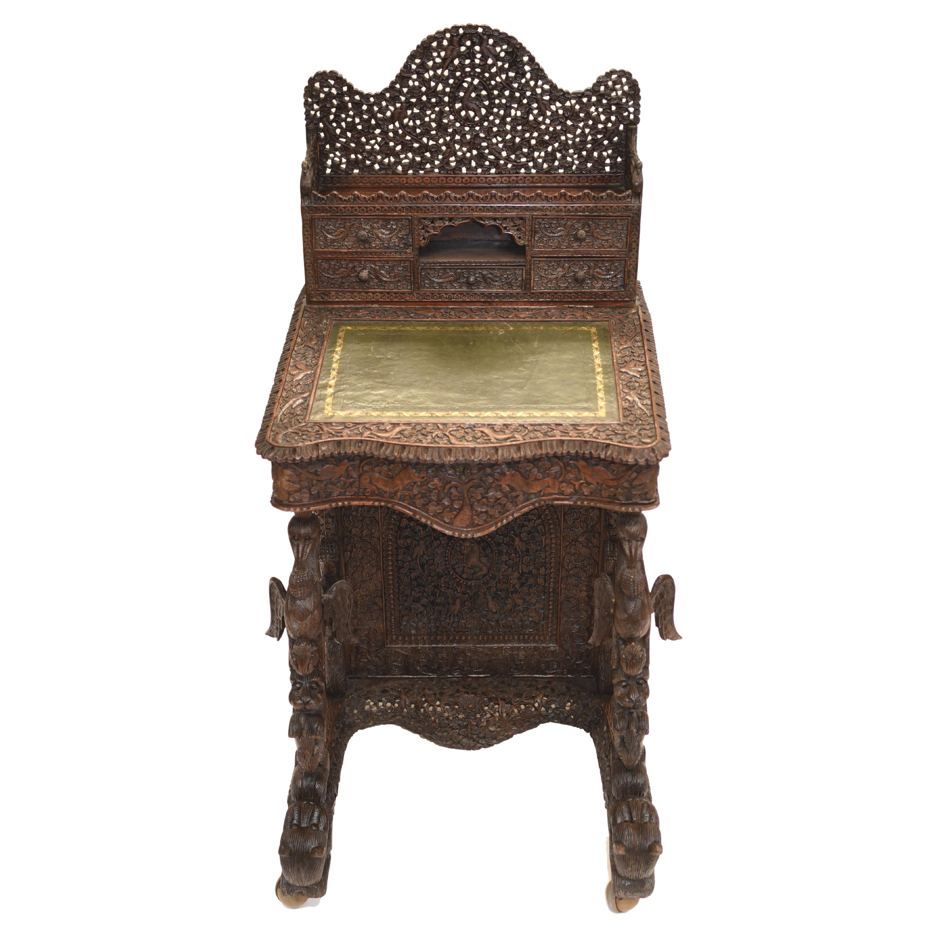 Burmese Davenport Desk Antique Hand Caved Burma Furniture, 1885