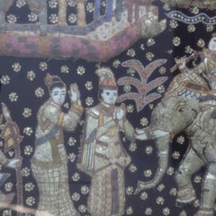 Birmesischer gerahmter, bestickter und mit Pailletten besetzter Kalaga-Wandteppich mit Genreszene 20.