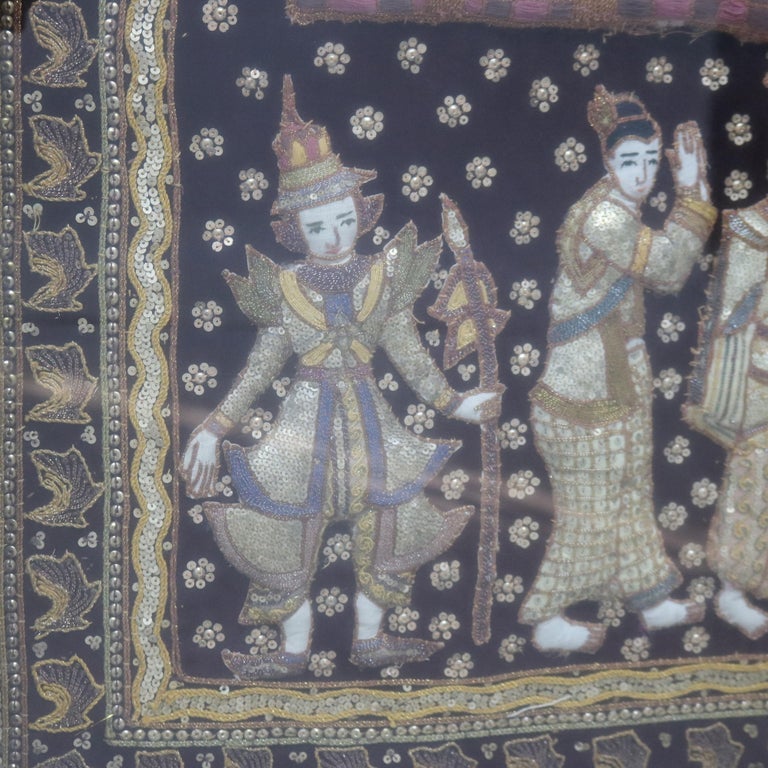 Tapisserie Thaïlandaise Birmane Vintage Brodée Main - Kalaga - Ange Dansant - Or