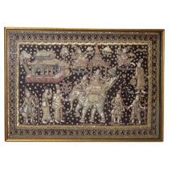 Burmese Framed Embroidered and Sequined Kalaga Tapestry of Genre Scene 20thC