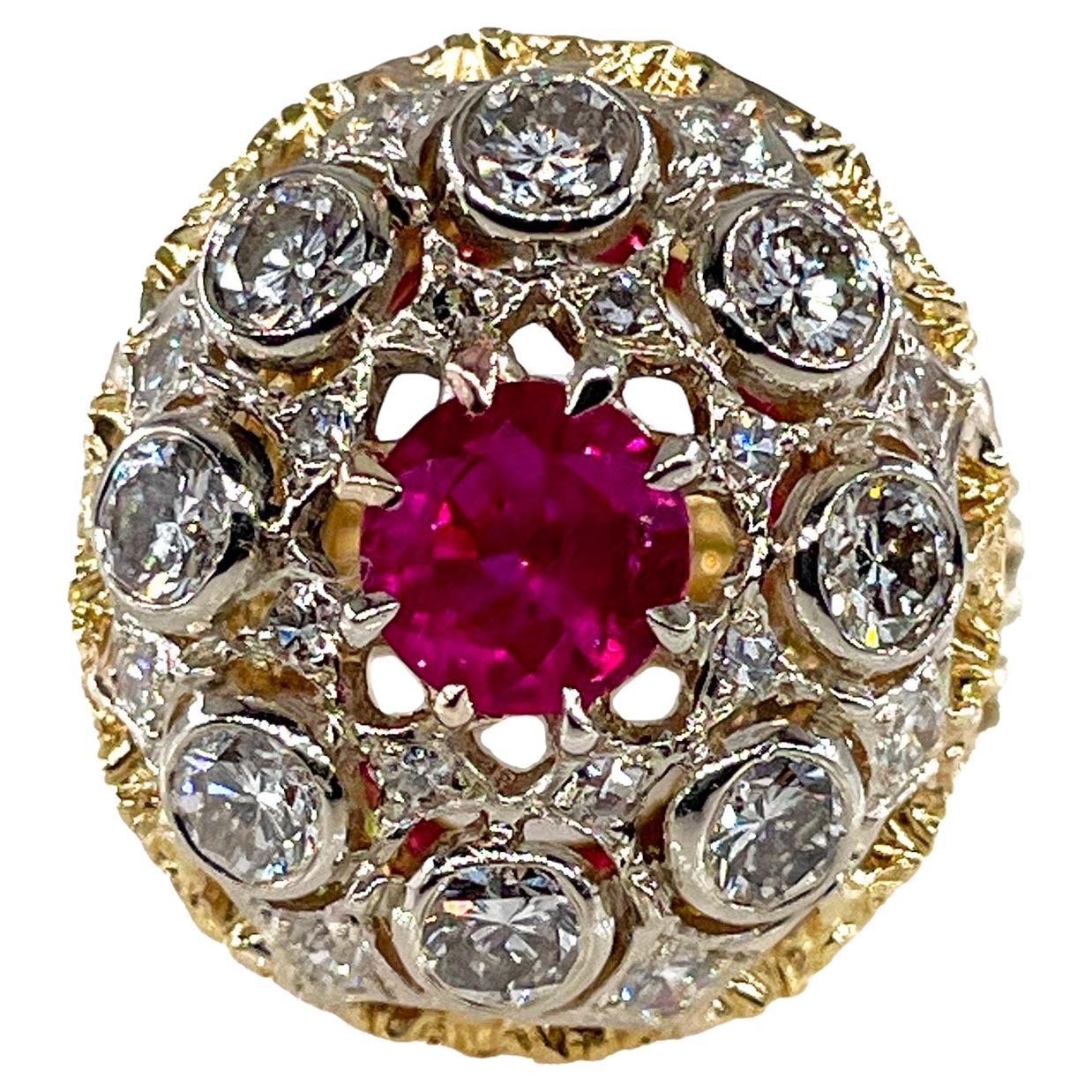 Burmese GIA 2,53ctw natürlicher roter RUBY Diamant 18K Gold Vintage Cocktail-Ring 1970
