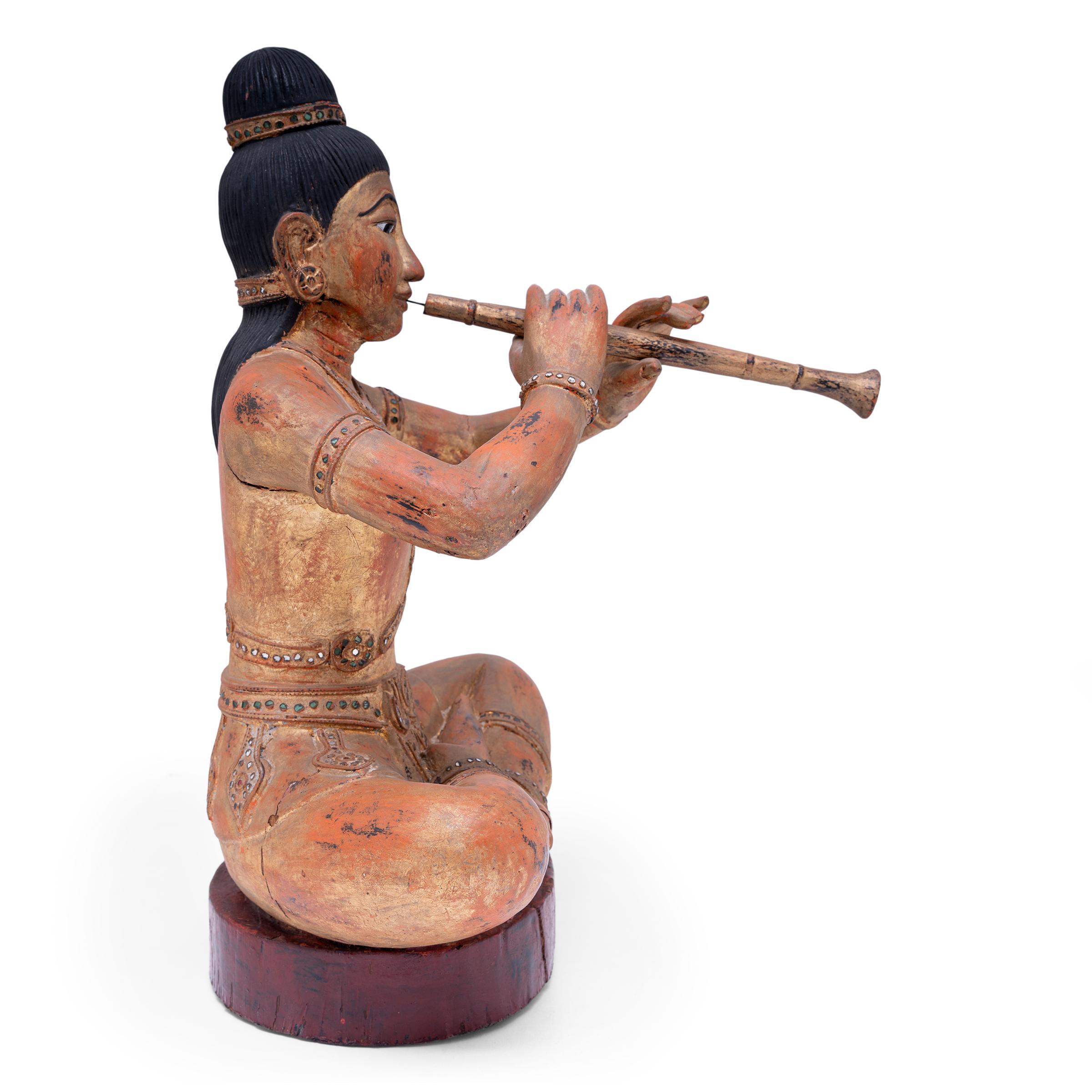 Carved Burmese Gilt Musician Figure, c. 1900 For Sale