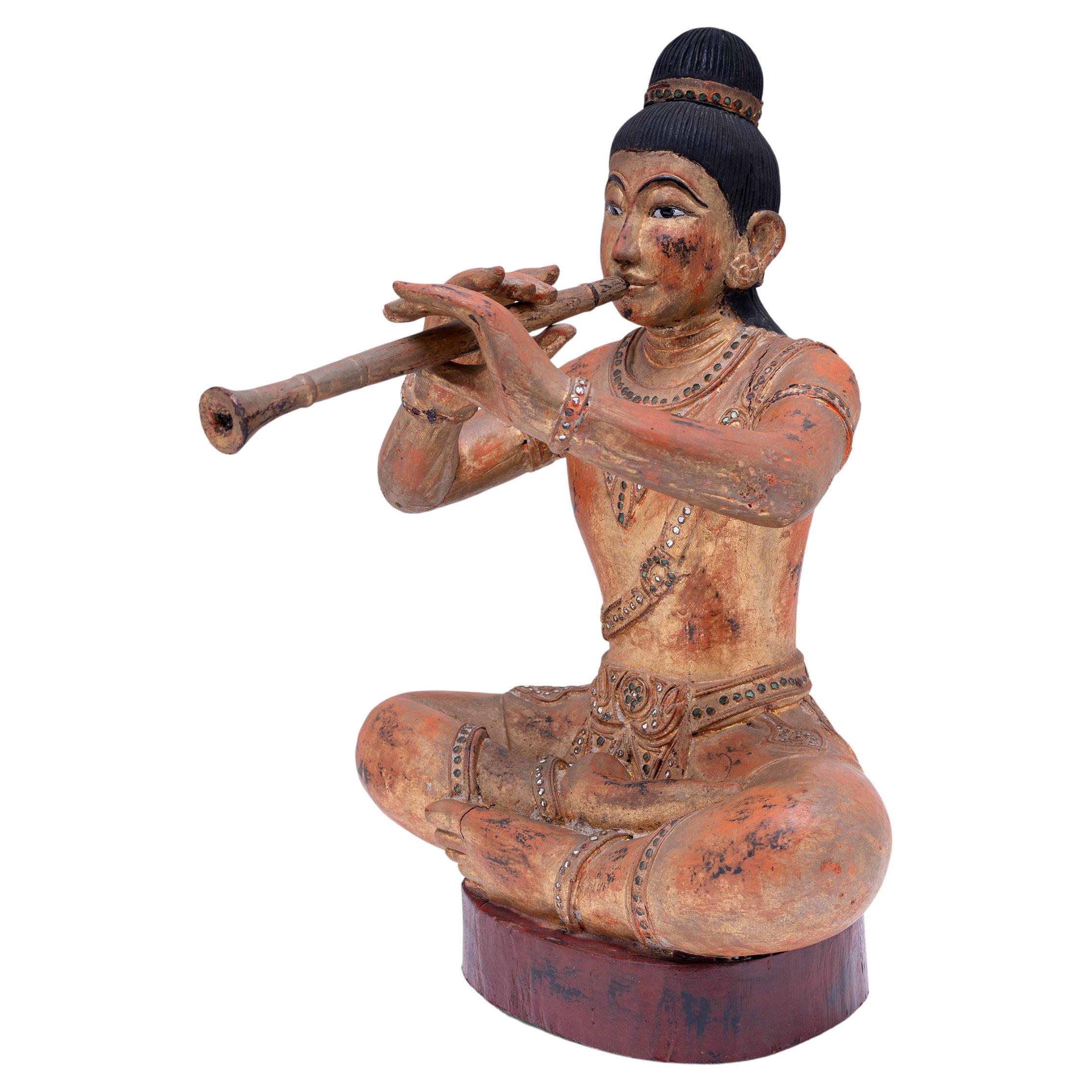 Burmese Gilt Musician Figure, c. 1900 For Sale