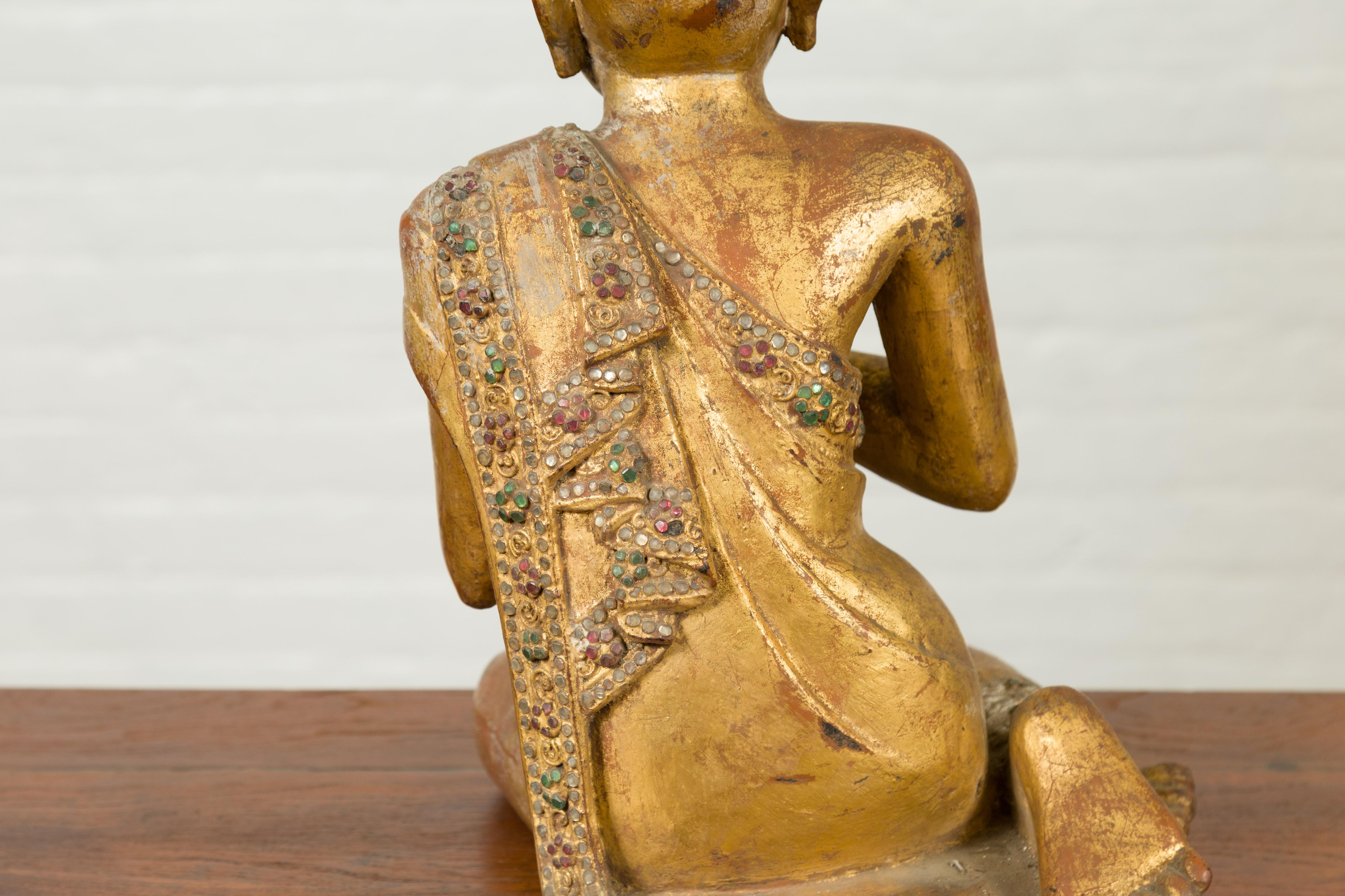 Burmese Giltwood and Hand Carved Sculpture of Seated Buddhist Monk with Inlay 6