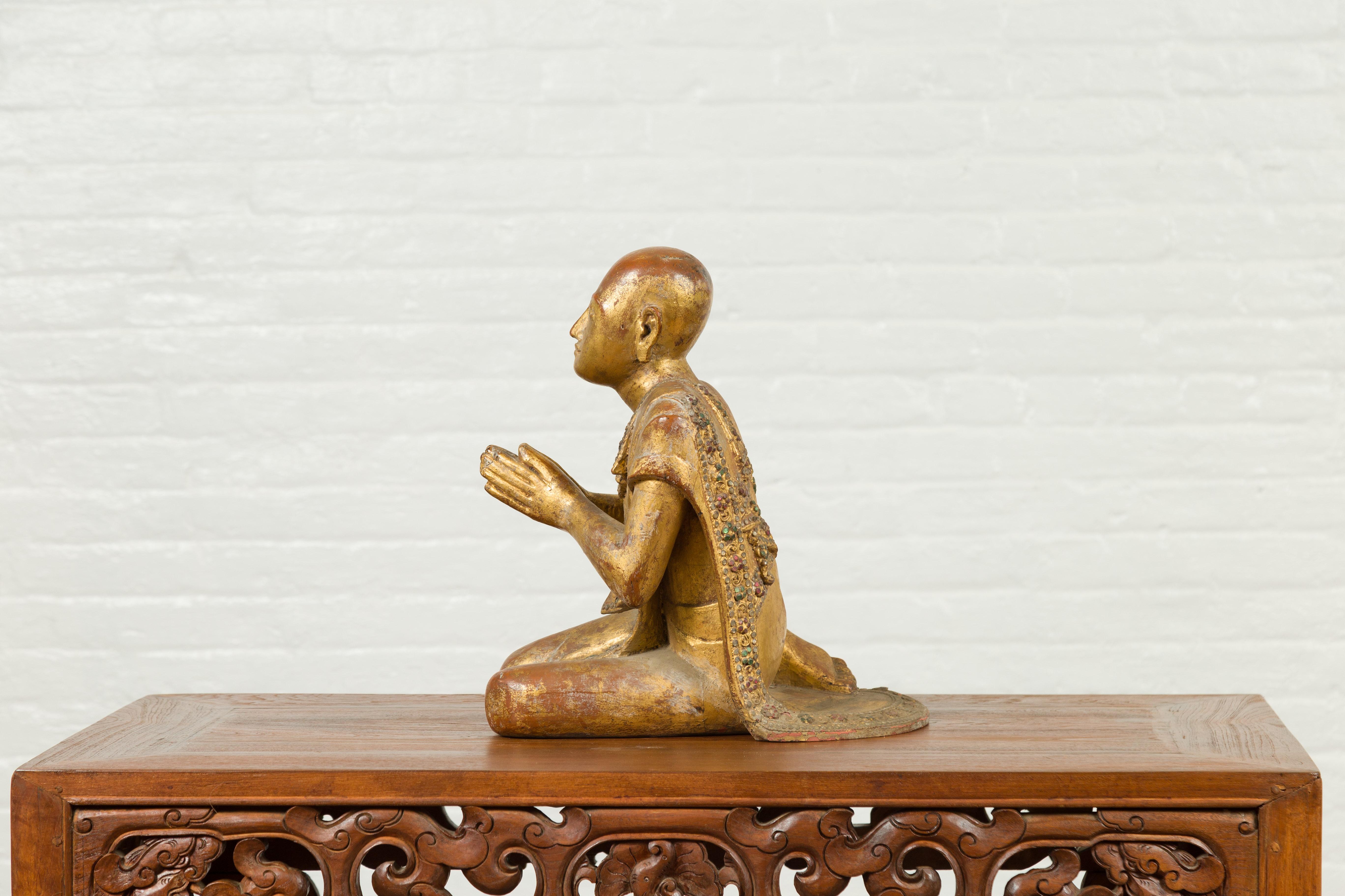 Burmese Giltwood and Hand Carved Sculpture of Seated Buddhist Monk with Inlay 7
