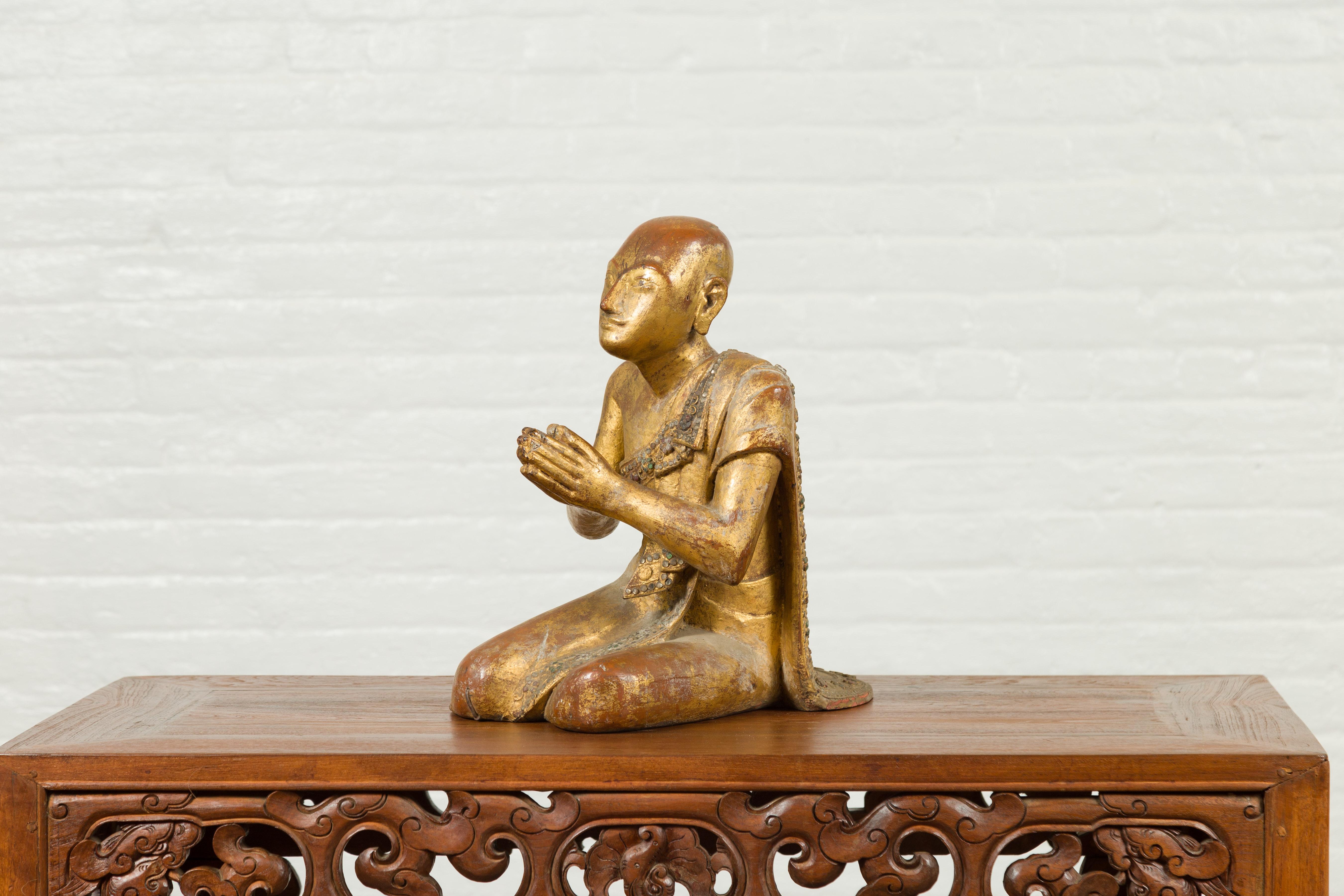 Burmese Giltwood and Hand Carved Sculpture of Seated Buddhist Monk with Inlay 8
