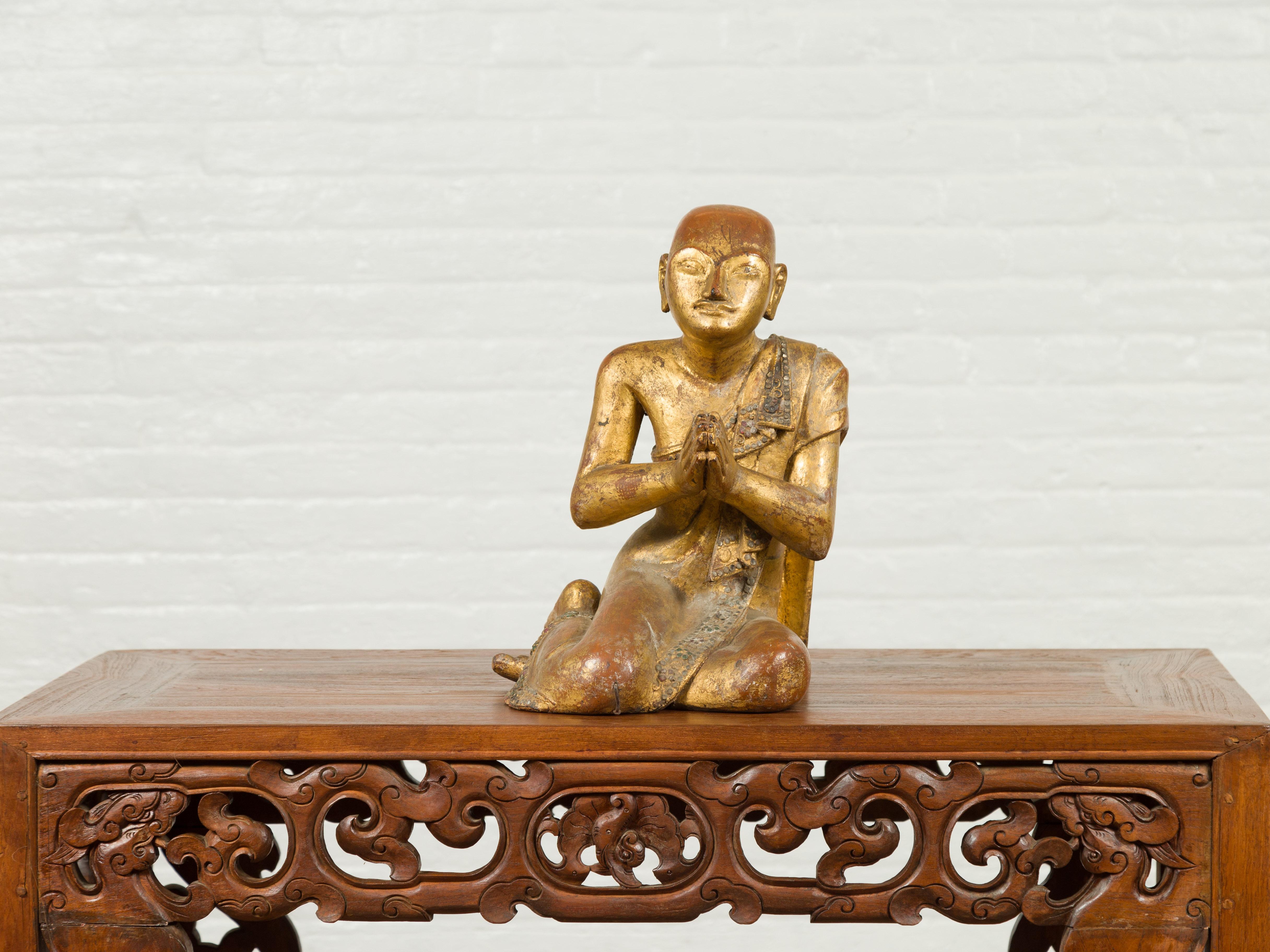 Burmese Giltwood and Hand Carved Sculpture of Seated Buddhist Monk with Inlay 10